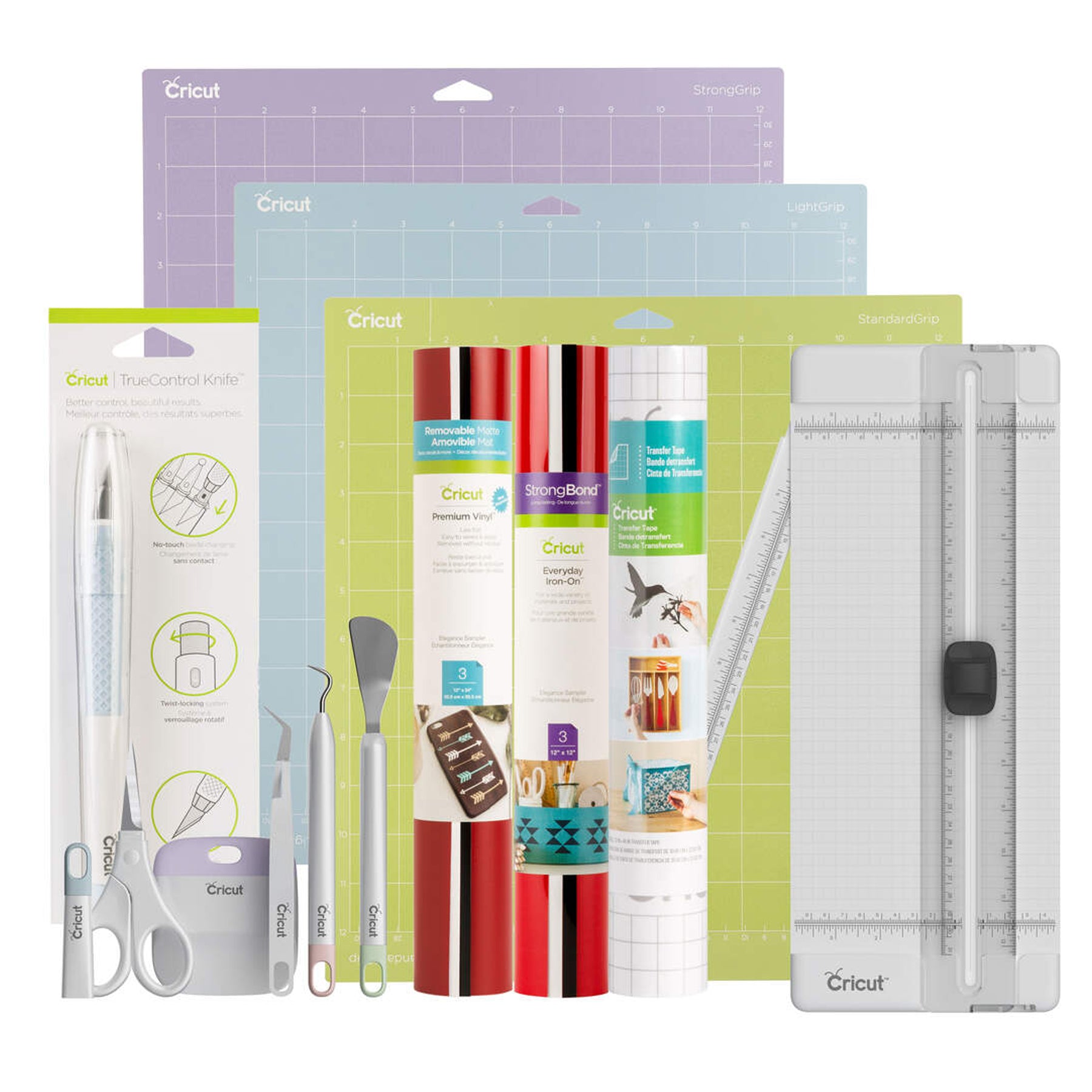 Crealive Cricut Essential Material Bundle   Das Essential-Bundle enthält eine Auswahl an Werkzeugen, Schneidematten und mehr, damit du dich direkt mit dem Schneiden und Gestalten loslegen kannst. Das Bundle enthält die besten und wichtigsten Materialien, die für erste Arbeiten und das Erkunden der Cricut™ Maschine erforderlich sind.   Inhalt: •	Everyday Iron-On, Elegance-Musterset •	Wiederablösbares Premium-Vinyl, Elegance-Musterset •	Transferklebeband •	TrueControl-Messer, blau 