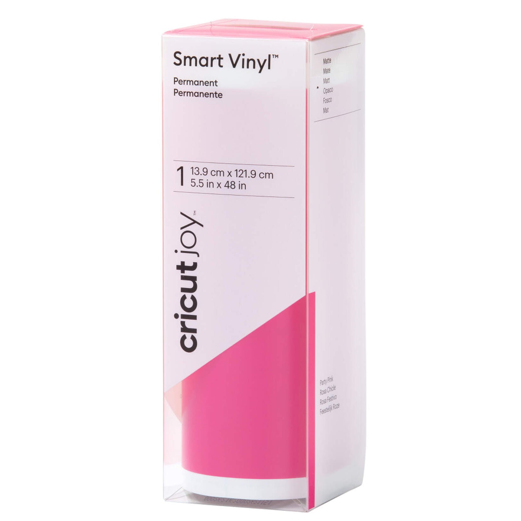 Crealive Cricut Joy Smart Vinylfolie Permanent - Pink matt   Die Smart Vinylfolie von Cricut funktioniert ohne Schneidematte. Du kannst sie also einfach in die Joy einlegen & loslegen. Sie lässt sich leicht Entgittern und mühelos übertragen.     Inhalt:  1 Rolle Cricut Joy Smart Vinylfolie 13.9 x 121.9 cm (5.5" x 48")    Spezifikationen:  Cricut Joy Smart Vinylfolie  Farbe: Pink  selbstklebend permanent; hält bis zu 3 Jahren Grösse: 13.9 x 121.9 cm (5.5" x 48") wasser- und lichtbeständig