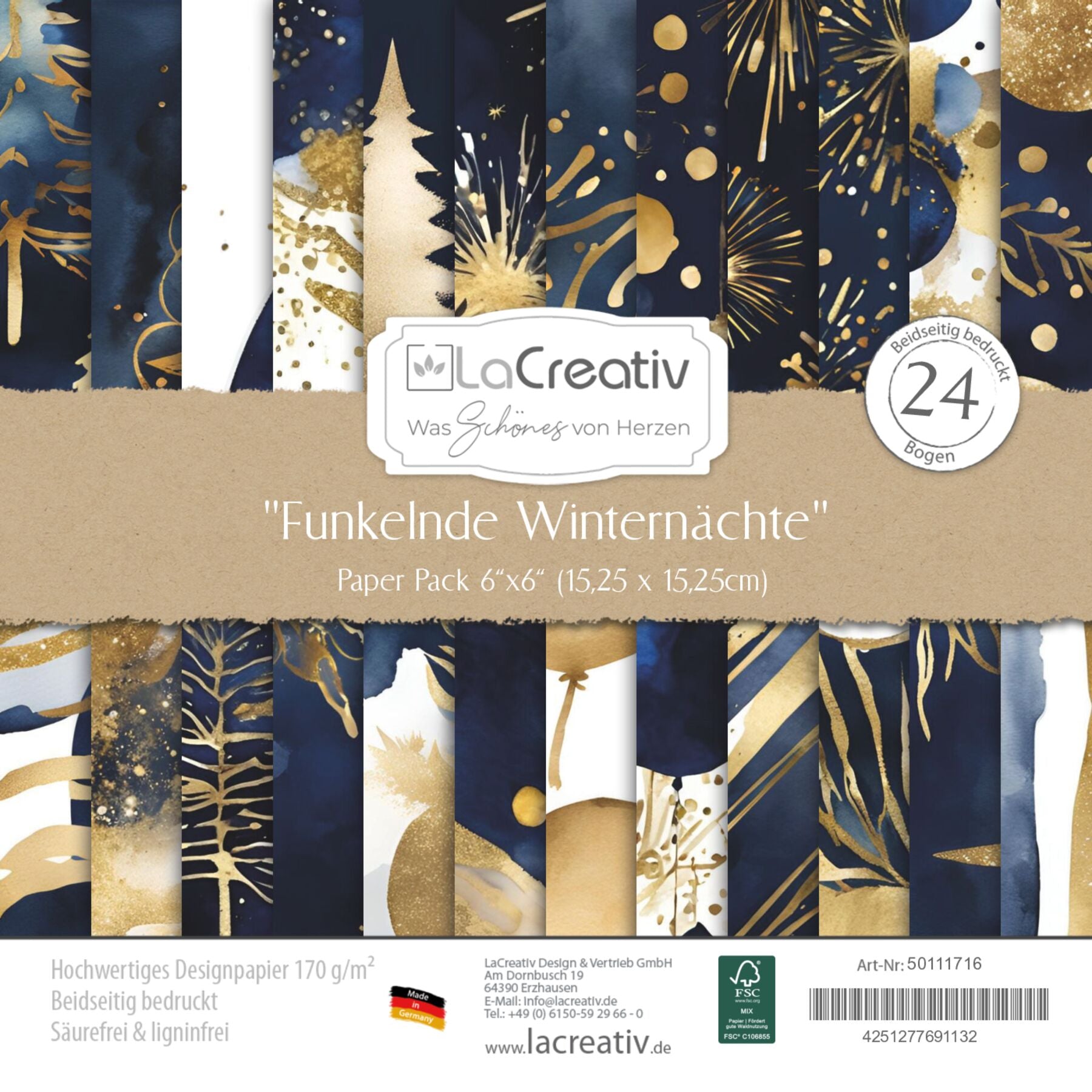 Crealive Designpapier 170 g/m2 - 6’’ x 6’’ - Funkelnde Winternächte
Inhalt:
•	24 Bogen
•	12 Designs
•	beidseitig bedruckt
 
Spezifikationen:
•	6’’ x 6’’ (15.25 cm x 15.25 cm)
•	170 g/m2
•	beidseitig bedruckt
•	lässt sich gut schneiden
•	säure- und ligninfrei
•	qualitativ hochwertige Cardstock Qualität
•	FSC Mix Credit zertifiziertes Papier
 
Dieses Designpapier / Motivpapier ist geeignet für:
•	Karten
•	Karten-Verzierungen
•	Plotten
•	Stanzen
•	Prägen
•	Scrapbooking
