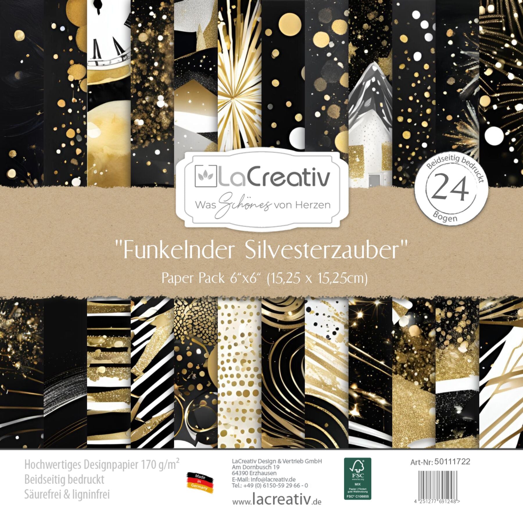 Crealive Designpapier 170 g/m2 - 6’’ x 6’’ - Funkelnder Silvesterzauber
Inhalt:
•	24 Bogen
•	12 Designs
•	beidseitig bedruckt
 
Spezifikationen:
•	6’’ x 6’’ (15.25 cm x 15.25 cm)
•	170 g/m2
•	beidseitig bedruckt
•	lässt sich gut schneiden
•	säure- und ligninfrei
•	qualitativ hochwertige Cardstock Qualität
•	FSC Mix Credit zertifiziertes Papier
 
Dieses Designpapier / Motivpapier ist geeignet für:
•	Karten
•	Karten-Verzierungen
•	Plotten
•	Stanzen
•	Prägen
•	Scrapbooking
