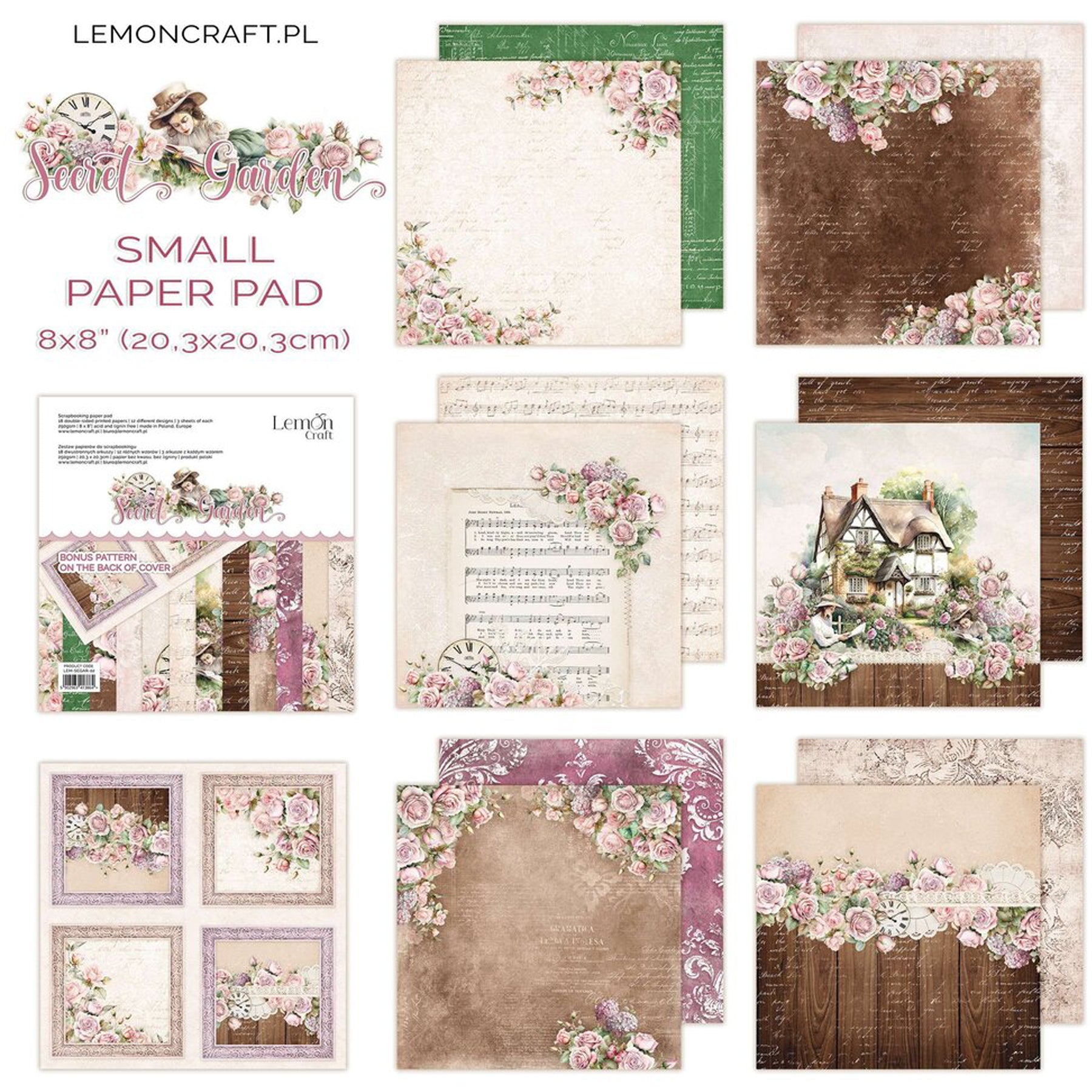 Crealive Designpapier 250 g/m2 - 8’’ x 8’’ - Secret Garden
Inhalt:
•	18 Blatt
•	12 Designs
 
Spezifikationen:
•	8’’ x 8’’ (20.3 cm x 20..3 cm)
•	250 g/m2
•	beidseitig bedruckt
•	säure- und ligninfrei
 
Dieses Paper Pad ist geeignet für:
•	Karten
•	Boxen
•	3D-Projekte
•	Geschenkboxen & Verpackungen
•	Plotten
•	Scrapbooking
