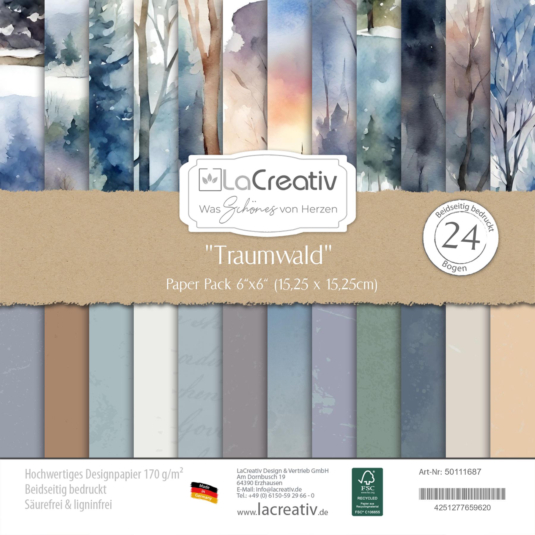 Crealive Designpapier 170 g/m2 - 6’’ x 6’’ - Traumwald
Inhalt:
•	24 Bogen
•	12 Designs
•	beidseitig bedruckt
 
Spezifikationen:
•	6’’ x 6’’ (15.25 cm x 15.25 cm)
•	170 g/m2
•	beidseitig bedruckt
•	lässt sich gut schneiden
•	säure- und ligninfrei
•	qualitativ hochwertige Cardstock Qualität
•	FSC Mix Credit zertifiziertes Papier
 
Dieses Designpapier / Motivpapier ist geeignet für:
•	Karten
•	Karten-Verzierungen
•	Plotten
•	Stanzen
•	Prägen
•	Scrapbooking
