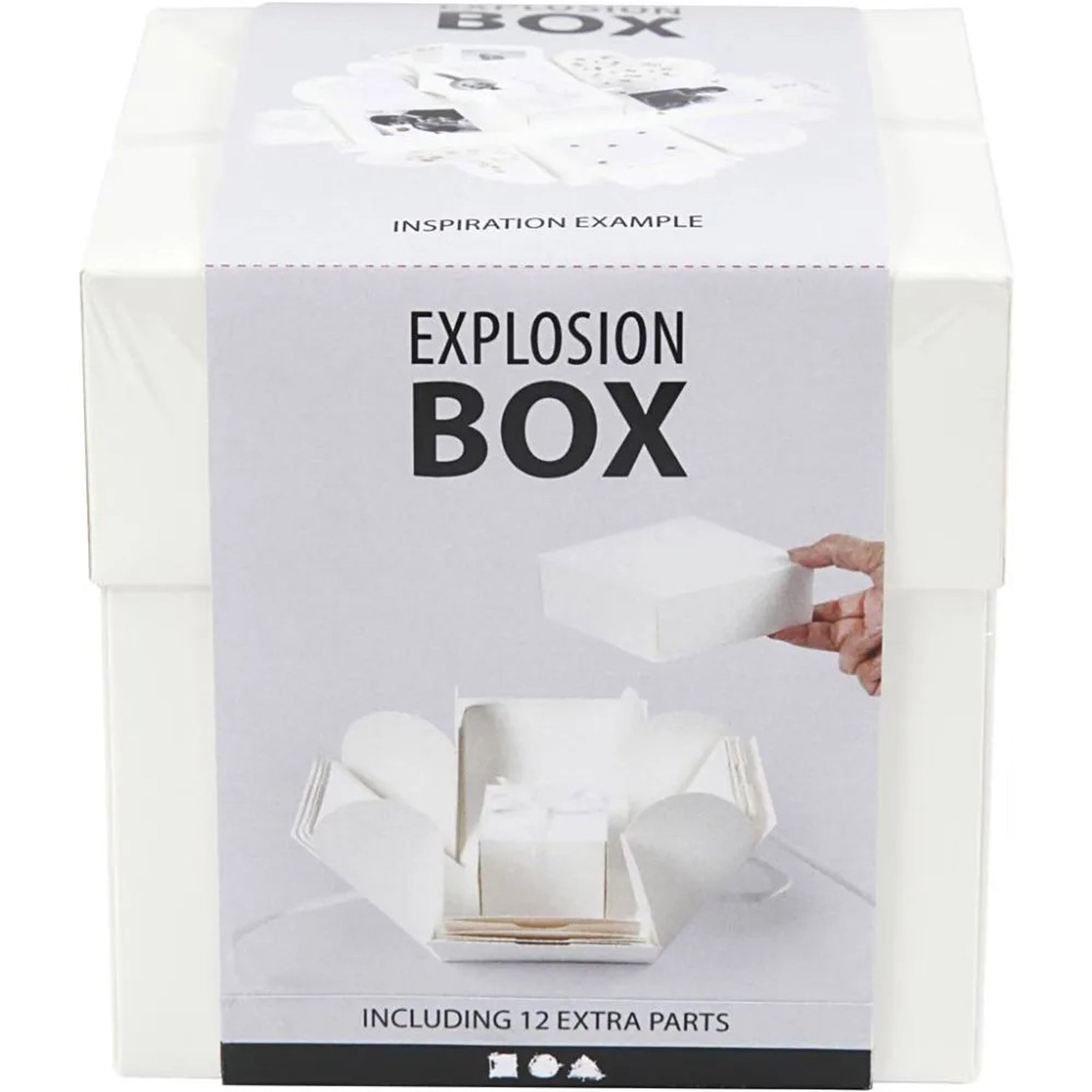 Crealive Geschenkbox 12 x 12 x 12 cm - Weiss
Spezifikationen:
•	Länge: 120 mm
•	Breite: 120 mm
•	Höhe: 120 mm
•	Farbe: Weiss
 
Diese Explosionsbox / Überraschungsbox kannst du ganz nach deinem Geschmack und passend zur beschenkten Person gestalten. Es sind 12 Taschen und 12 lose Deko-Objekte in 8 Varianten im Set und ein Satinband in der Mitte. Du kannst sie mit Motiven verzieren, bemalen oder Deko selber herstellen aus deinem Bastelmaterial-Fundus. Erwecke die Magie der Überraschung mit dieser Explosionsbo