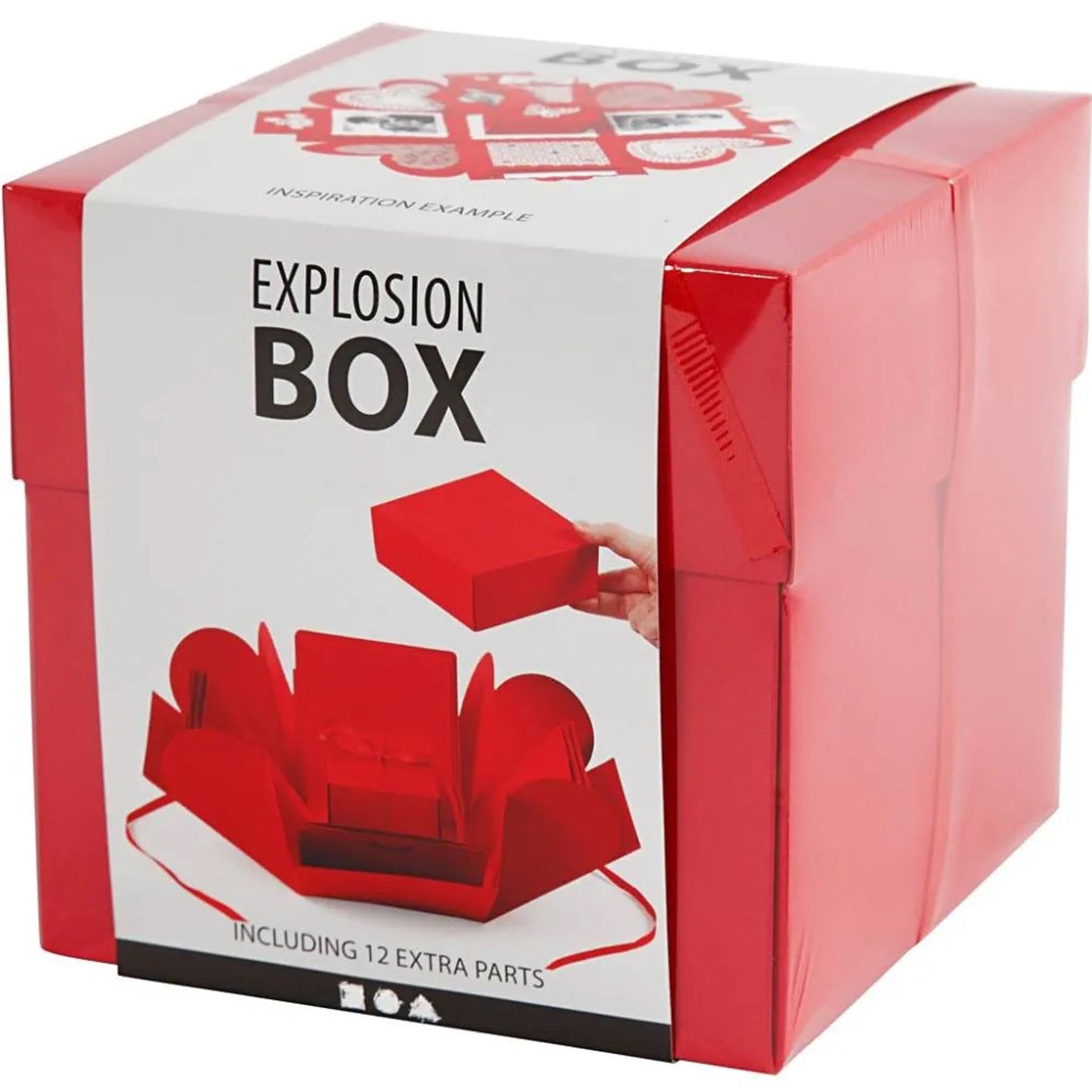 Crealive Geschenkbox 12 x 12 x 12 cm - Rot
Spezifikationen:
•	Länge: 120 mm
•	Breite: 120 mm
•	Höhe: 120 mm
•	Farbe: Rot
 
Diese Explosionsbox / Überraschungsbox kannst du ganz nach deinem Geschmack und passend zur beschenkten Person gestalten. Es sind 12 Taschen und 12 lose Deko-Objekte in 8 Varianten im Set und ein Satinband in der Mitte. Du kannst sie mit Motiven verzieren, bemalen oder Deko selber herstellen aus deinem Bastelmaterial-Fundus. Erwecke die Magie der Überraschung mit dieser Explosionsbox. 
