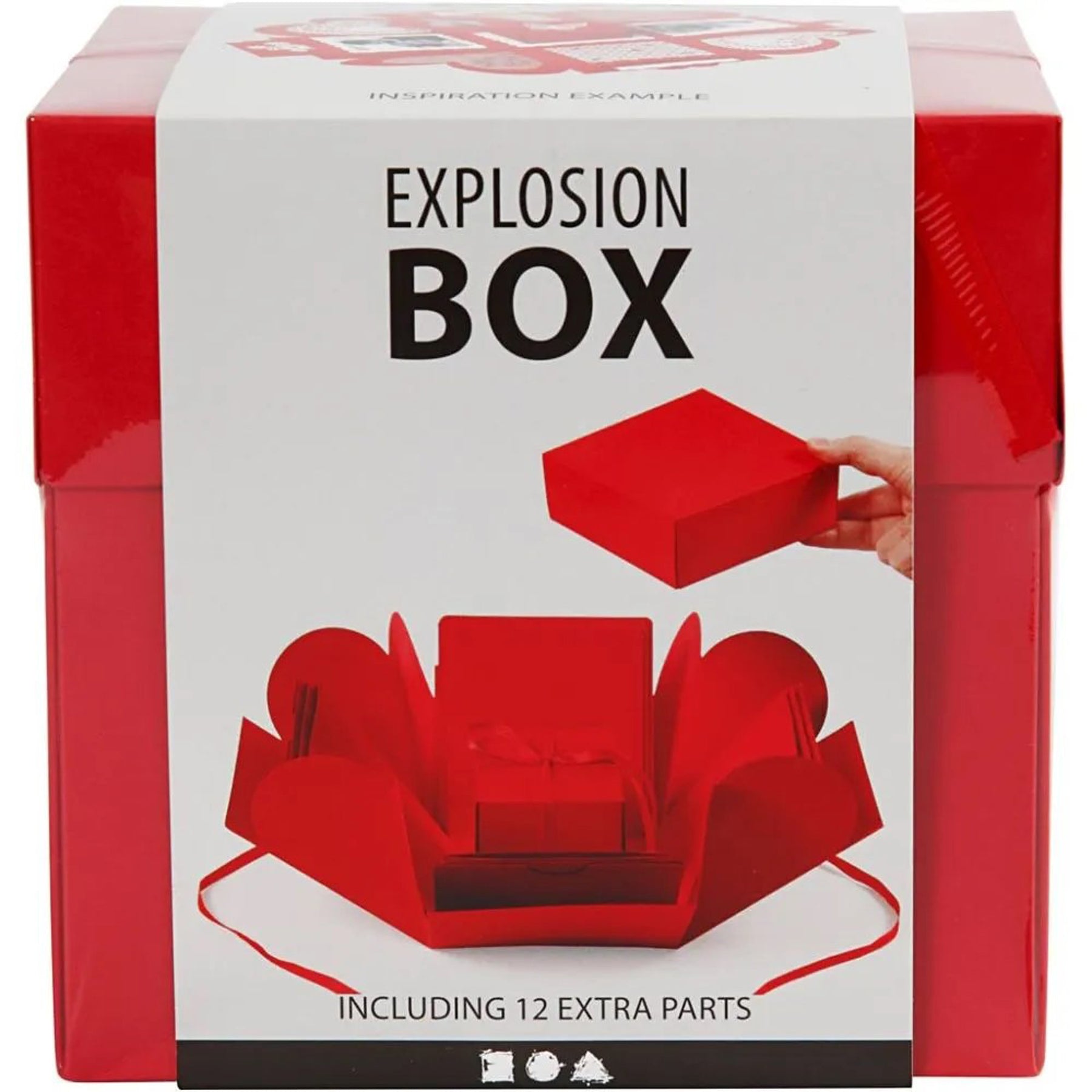 Crealive Geschenkbox 12 x 12 x 12 cm - Rot
Spezifikationen:
•	Länge: 120 mm
•	Breite: 120 mm
•	Höhe: 120 mm
•	Farbe: Rot
 
Diese Explosionsbox / Überraschungsbox kannst du ganz nach deinem Geschmack und passend zur beschenkten Person gestalten. Es sind 12 Taschen und 12 lose Deko-Objekte in 8 Varianten im Set und ein Satinband in der Mitte. Du kannst sie mit Motiven verzieren, bemalen oder Deko selber herstellen aus deinem Bastelmaterial-Fundus. Erwecke die Magie der Überraschung mit dieser Explosionsbox. 
