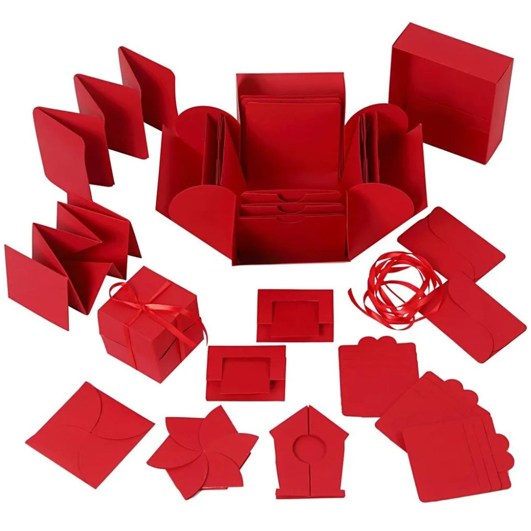 Crealive Geschenkbox 12 x 12 x 12 cm - Rot
Spezifikationen:
•	Länge: 120 mm
•	Breite: 120 mm
•	Höhe: 120 mm
•	Farbe: Rot
 
Diese Explosionsbox / Überraschungsbox kannst du ganz nach deinem Geschmack und passend zur beschenkten Person gestalten. Es sind 12 Taschen und 12 lose Deko-Objekte in 8 Varianten im Set und ein Satinband in der Mitte. Du kannst sie mit Motiven verzieren, bemalen oder Deko selber herstellen aus deinem Bastelmaterial-Fundus. Erwecke die Magie der Überraschung mit dieser Explosionsbox. 
