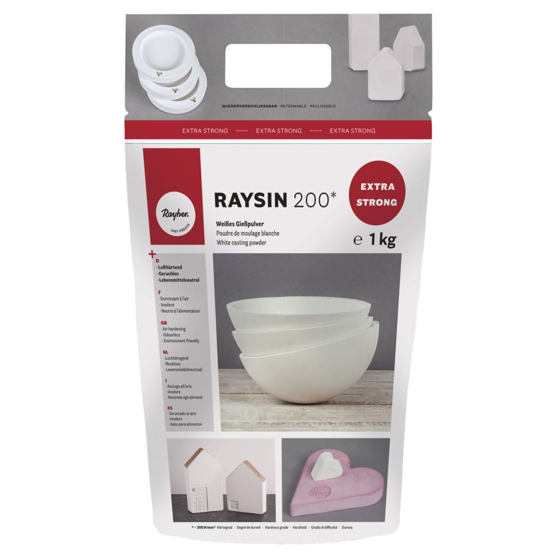 Crealive Giesspulver Raysin 200 - Weiss - 1 kg     Inhalt:  1 Beutel mit 1 kg Raysin    Spezifikationen:  Material: rein natürliches Calciumsulfat lufthärtend geruchlos lebensmittelneutral hohe Festigkeit 200N/mm²  verwendbar für Giessformen aus Kunststoff (PET, LDPE, etc.), Latex, Silikon und Kautschuk bereits nach ca    Raysin 200 ist geeignet für:  grössere Gegenstände wie Figuren, Schalen, Dekofliesen & Co.