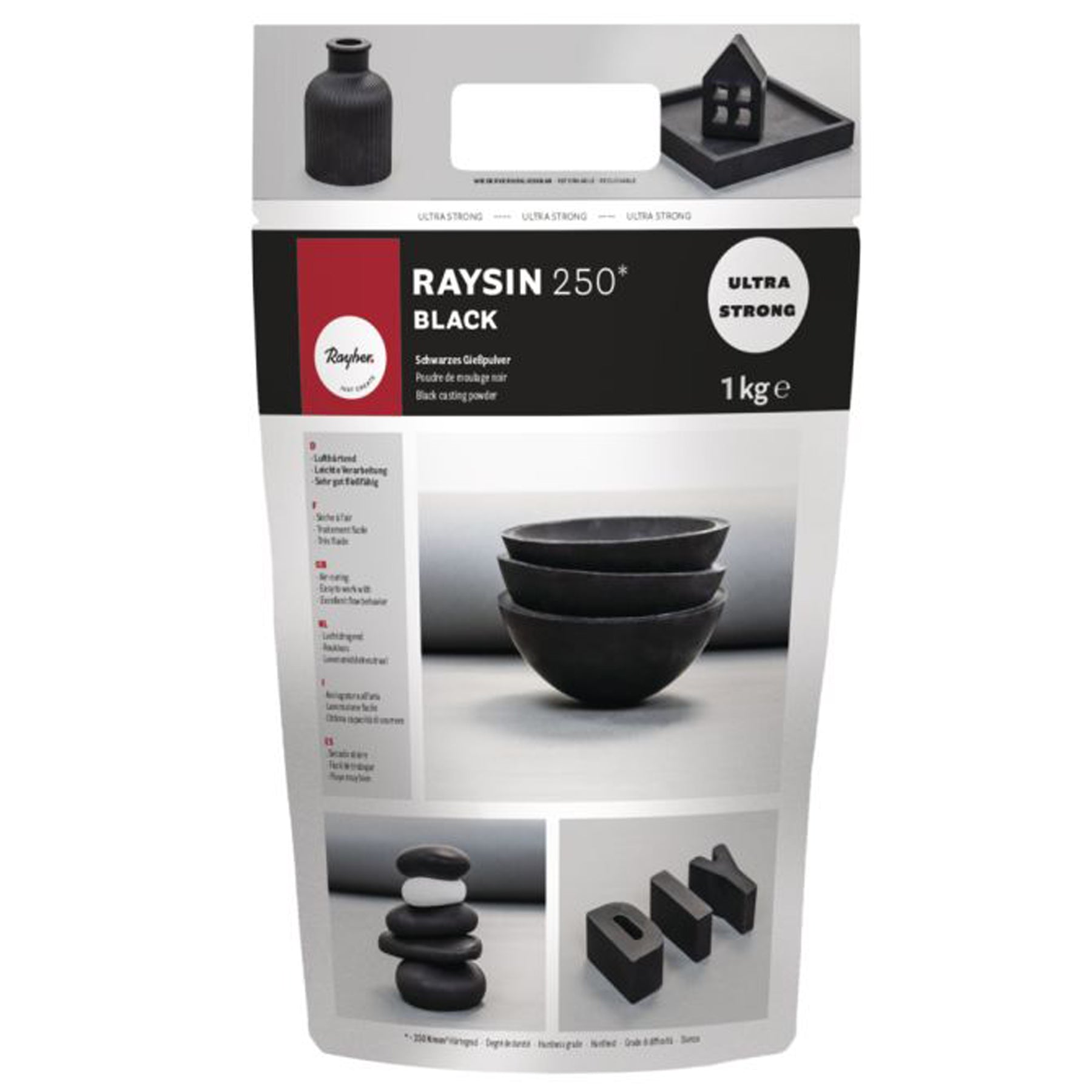 Crealive Giesspulver Raysin 250 - Schwarz - 1 kg  Black meets White! Raysin Giesspulver jetzt auch in Schwarz! Das Raysin 250 Black überzeugt durch eine tiefschwarze Optik, samtartige Haptik und zusätzlich durch eine besonders hohe Festigkeit.   Inhalt:  1 Beutel mit 1 kg Raysin in Schwarz    Spezifikationen:  Material: rein natürliches Calciumsulfat mit schwarzem Pigment lufthärtend geruchlos lebensmittelneutral gute Festigkeit 250N/mm² 