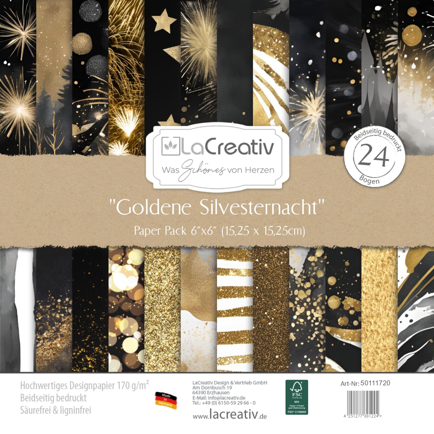 Crealive Designpapier 170 g/m2 - 6’’ x 6’’ - Goldene Silvesternacht
Inhalt:
•	24 Bogen
•	12 Designs
•	beidseitig bedruckt
 
Spezifikationen:
•	6’’ x 6’’ (15.25 cm x 15.25 cm)
•	170 g/m2
•	beidseitig bedruckt
•	lässt sich gut schneiden
•	säure- und ligninfrei
•	qualitativ hochwertige Cardstock Qualität
•	FSC Mix Credit zertifiziertes Papier
 
Dieses Designpapier / Motivpapier ist geeignet für:
•	Karten
•	Karten-Verzierungen
•	Plotten
•	Stanzen
•	Prägen
•	Scrapbooking
