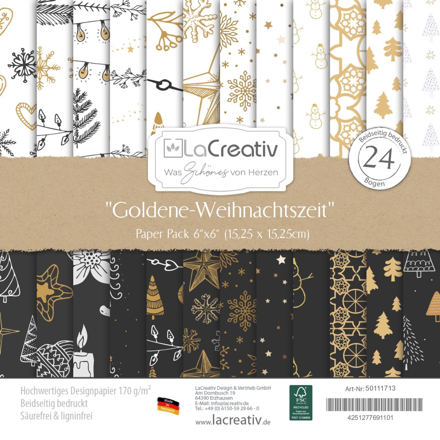 Crealive Designpapier 170 g/m2 - 6’’ x 6’’ - Goldene Weihnachtszeit
Inhalt:
•	24 Bogen
•	12 Designs
•	beidseitig bedruckt
 
Spezifikationen:
•	6’’ x 6’’ (15.25 cm x 15.25 cm)
•	170 g/m2
•	beidseitig bedruckt
•	lässt sich gut schneiden
•	säure- und ligninfrei
•	qualitativ hochwertige Cardstock Qualität
•	FSC Mix Credit zertifiziertes Papier
 
Dieses Designpapier / Motivpapier ist geeignet für:
•	Karten
•	Karten-Verzierungen
•	Plotten
•	Stanzen
•	Prägen
•	Scrapbooking
