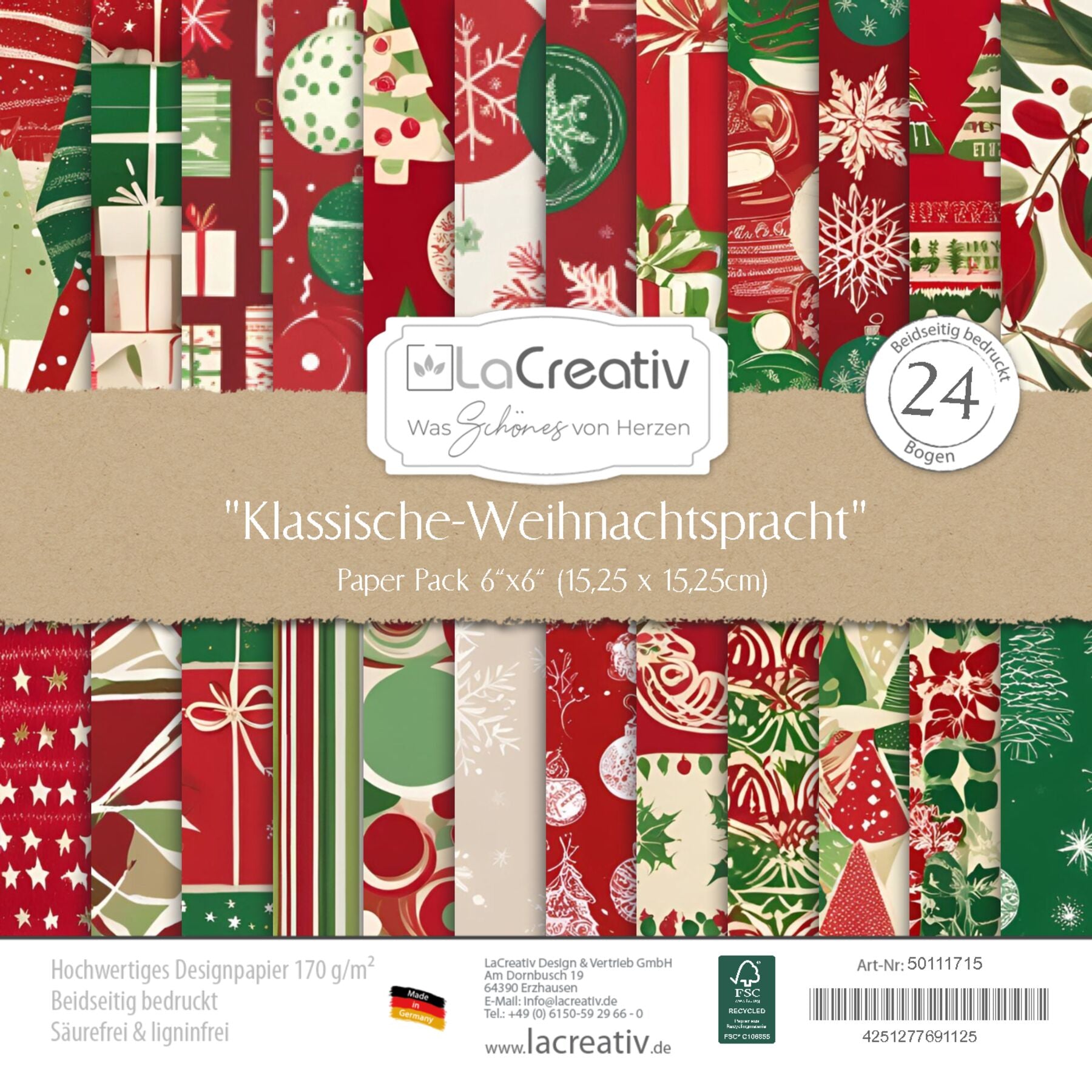 Crealive Designpapier 170 g/m2 - 6’’ x 6’’ - Klassische Weihnachtspracht
Inhalt:
•	24 Bogen
•	12 Designs
•	beidseitig bedruckt
 
Spezifikationen:
•	6’’ x 6’’ (15.25 cm x 15.25 cm)
•	170 g/m2
•	beidseitig bedruckt
•	lässt sich gut schneiden
•	säure- und ligninfrei
•	qualitativ hochwertige Cardstock Qualität
•	FSC Mix Credit zertifiziertes Papier
 
Dieses Designpapier / Motivpapier ist geeignet für:
•	Karten
•	Karten-Verzierungen
•	Plotten
•	Stanzen
•	Prägen
•	Scrapbooking
