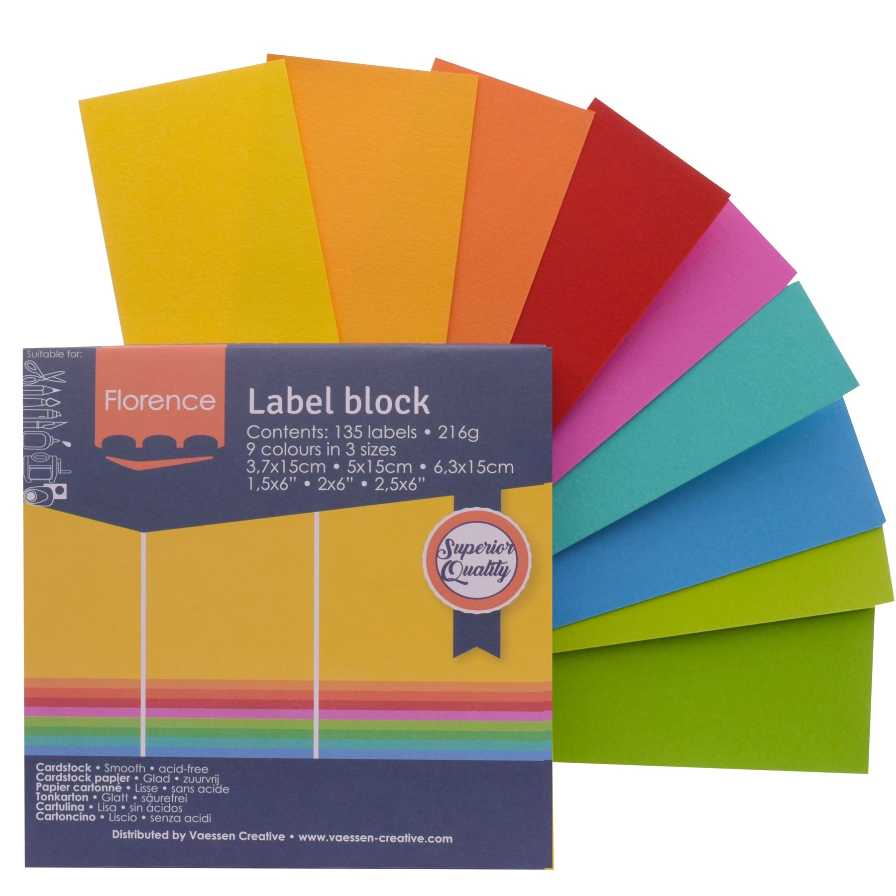 Crealive Label Block - Brights

Spezifikationen:
•	135 Etiketten
•	216 g/m2
•	9 Farben
•	Grössen: 3.7 x 15 cm, 5 x 15 cm und 6.3 x 15 cm
•	beidseitig farbig (voll durchgefärbt)
•	beschreibbar
•	säurefrei
•	glatt mit leicht rauer Oberfläche
 
Diese Labels sind geeignet für:
•	Etiketten
•	Karten-Verzierungen
•	Plotten
•	Stanzen
•	Prägen
•	Scrapbooking
•	Journaling
•	Mixed Media
 
Dieser Label Block besteht aus stabilem Papier, das eine ideale Grundlage für Etiketten mit Handlettering, Zeichnen, Skizzieren und