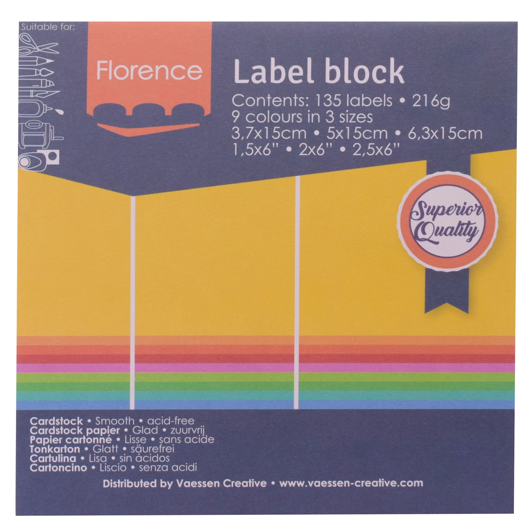 Crealive Label Block - Brights

Spezifikationen:
•	135 Etiketten
•	216 g/m2
•	9 Farben
•	Grössen: 3.7 x 15 cm, 5 x 15 cm und 6.3 x 15 cm
•	beidseitig farbig (voll durchgefärbt)
•	beschreibbar
•	säurefrei
•	glatt mit leicht rauer Oberfläche
 
Diese Labels sind geeignet für:
•	Etiketten
•	Karten-Verzierungen
•	Plotten
•	Stanzen
•	Prägen
•	Scrapbooking
•	Journaling
•	Mixed Media
 
Dieser Label Block besteht aus stabilem Papier, das eine ideale Grundlage für Etiketten mit Handlettering, Zeichnen, Skizzieren und