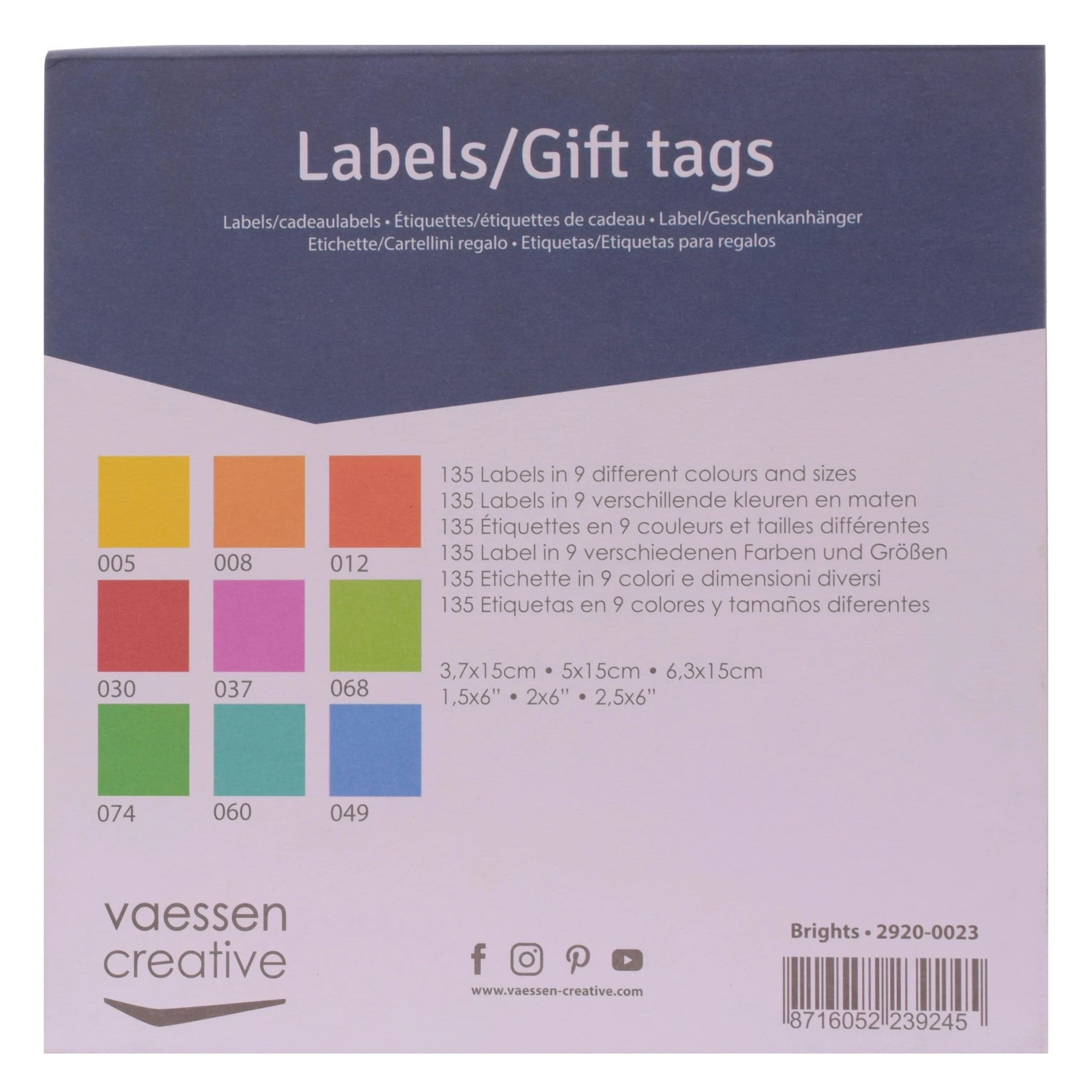 Crealive Label Block - Brights

Spezifikationen:
•	135 Etiketten
•	216 g/m2
•	9 Farben
•	Grössen: 3.7 x 15 cm, 5 x 15 cm und 6.3 x 15 cm
•	beidseitig farbig (voll durchgefärbt)
•	beschreibbar
•	säurefrei
•	glatt mit leicht rauer Oberfläche
 
Diese Labels sind geeignet für:
•	Etiketten
•	Karten-Verzierungen
•	Plotten
•	Stanzen
•	Prägen
•	Scrapbooking
•	Journaling
•	Mixed Media
 
Dieser Label Block besteht aus stabilem Papier, das eine ideale Grundlage für Etiketten mit Handlettering, Zeichnen, Skizzieren und