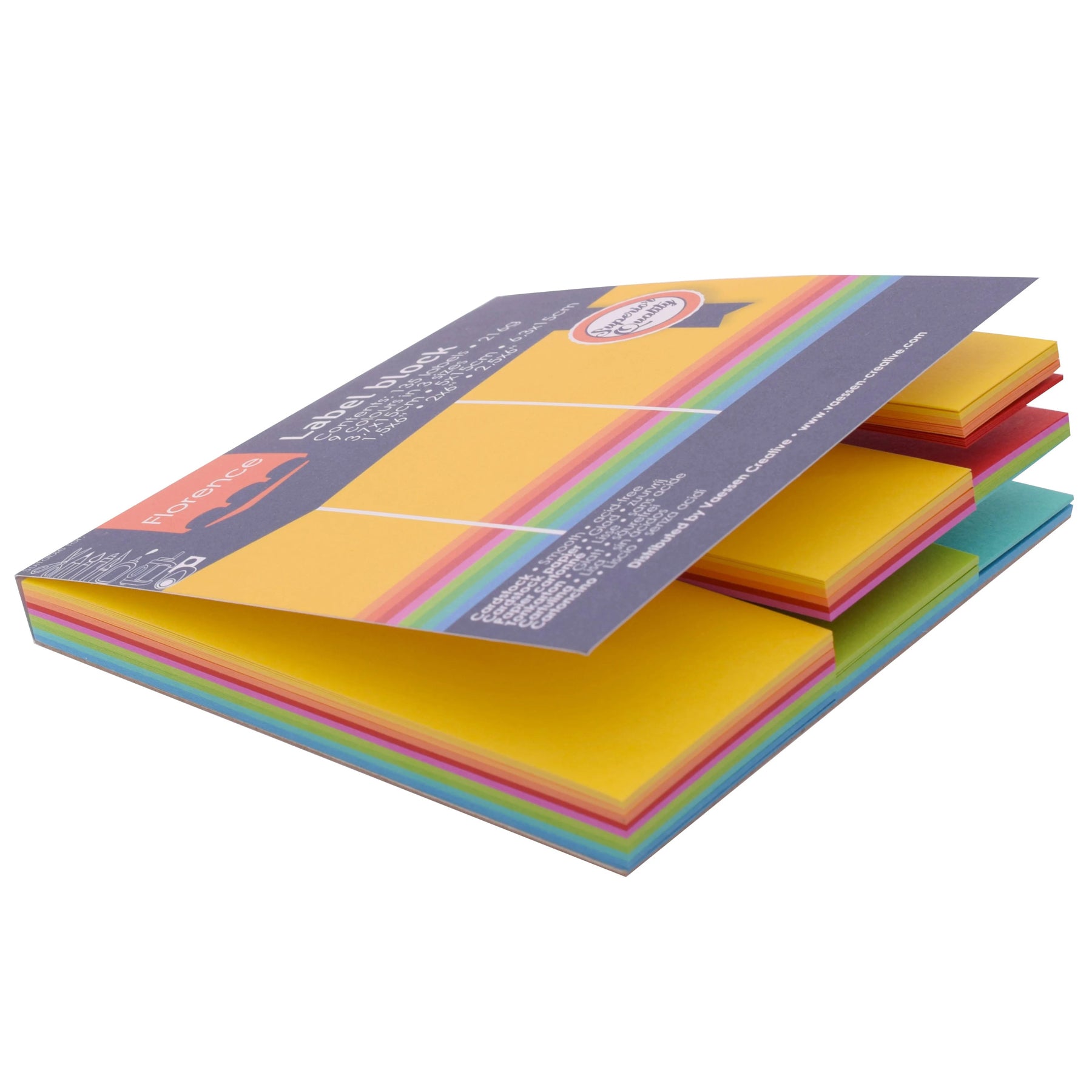 Crealive Label Block - Brights

Spezifikationen:
•	135 Etiketten
•	216 g/m2
•	9 Farben
•	Grössen: 3.7 x 15 cm, 5 x 15 cm und 6.3 x 15 cm
•	beidseitig farbig (voll durchgefärbt)
•	beschreibbar
•	säurefrei
•	glatt mit leicht rauer Oberfläche
 
Diese Labels sind geeignet für:
•	Etiketten
•	Karten-Verzierungen
•	Plotten
•	Stanzen
•	Prägen
•	Scrapbooking
•	Journaling
•	Mixed Media
 
Dieser Label Block besteht aus stabilem Papier, das eine ideale Grundlage für Etiketten mit Handlettering, Zeichnen, Skizzieren und