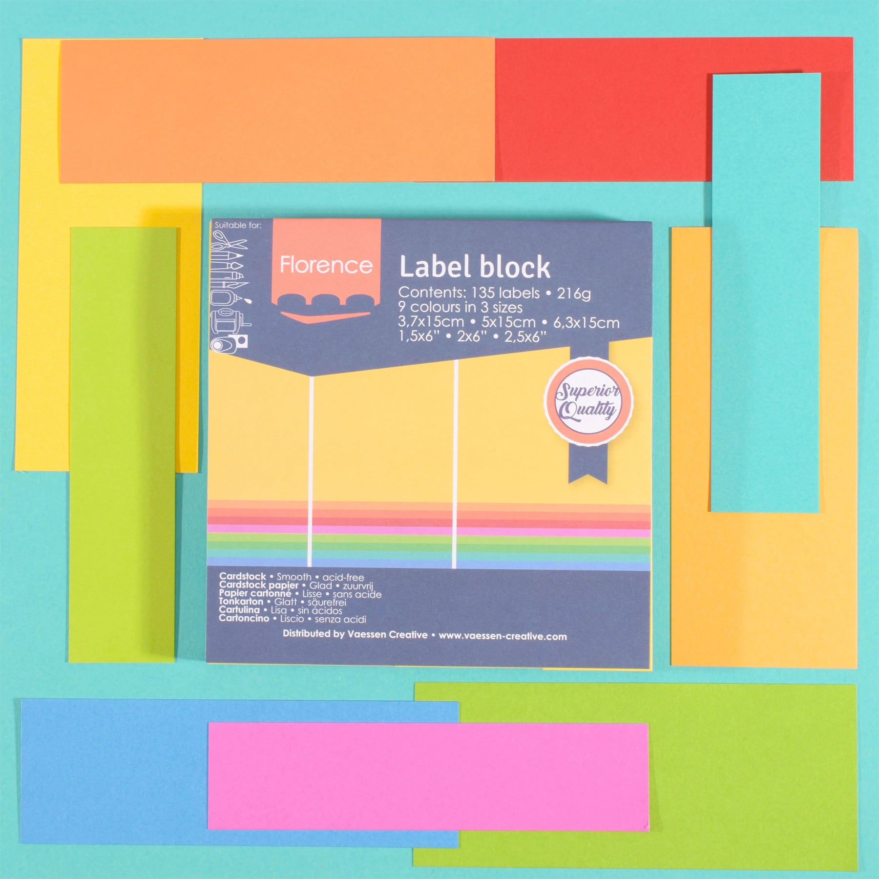 Crealive Label Block - Brights

Spezifikationen:
•	135 Etiketten
•	216 g/m2
•	9 Farben
•	Grössen: 3.7 x 15 cm, 5 x 15 cm und 6.3 x 15 cm
•	beidseitig farbig (voll durchgefärbt)
•	beschreibbar
•	säurefrei
•	glatt mit leicht rauer Oberfläche
 
Diese Labels sind geeignet für:
•	Etiketten
•	Karten-Verzierungen
•	Plotten
•	Stanzen
•	Prägen
•	Scrapbooking
•	Journaling
•	Mixed Media
 
Dieser Label Block besteht aus stabilem Papier, das eine ideale Grundlage für Etiketten mit Handlettering, Zeichnen, Skizzieren und