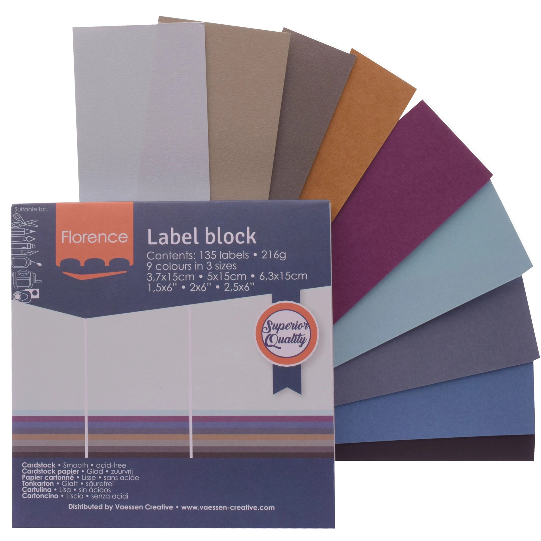 Crealive Label Block - Neutral

Spezifikationen:
•	135 Etiketten
•	216 g/m2
•	9 Farben
•	Grössen: 3.7 x 15 cm, 5 x 15 cm und 6.3 x 15 cm
•	beidseitig farbig (voll durchgefärbt)
•	beschreibbar
•	säurefrei
•	glatt mit leicht rauer Oberfläche
 
Diese Labels sind geeignet für:
•	Etiketten
•	Karten-Verzierungen
•	Plotten
•	Stanzen
•	Prägen
•	Scrapbooking
•	Journaling
•	Mixed Media
 
Dieser Label Block besteht aus stabilem Papier, das eine ideale Grundlage für Etiketten mit Handlettering, Zeichnen, Skizzieren und