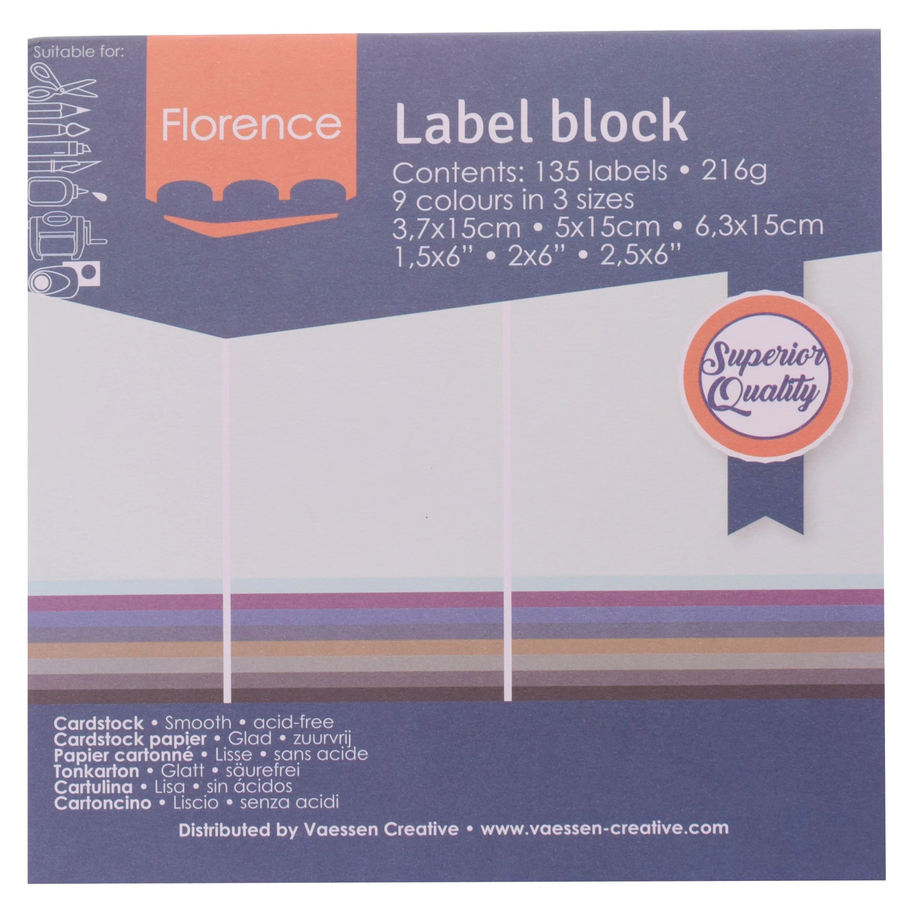 Crealive Label Block - Neutral

Spezifikationen:
•	135 Etiketten
•	216 g/m2
•	9 Farben
•	Grössen: 3.7 x 15 cm, 5 x 15 cm und 6.3 x 15 cm
•	beidseitig farbig (voll durchgefärbt)
•	beschreibbar
•	säurefrei
•	glatt mit leicht rauer Oberfläche
 
Diese Labels sind geeignet für:
•	Etiketten
•	Karten-Verzierungen
•	Plotten
•	Stanzen
•	Prägen
•	Scrapbooking
•	Journaling
•	Mixed Media
 
Dieser Label Block besteht aus stabilem Papier, das eine ideale Grundlage für Etiketten mit Handlettering, Zeichnen, Skizzieren und