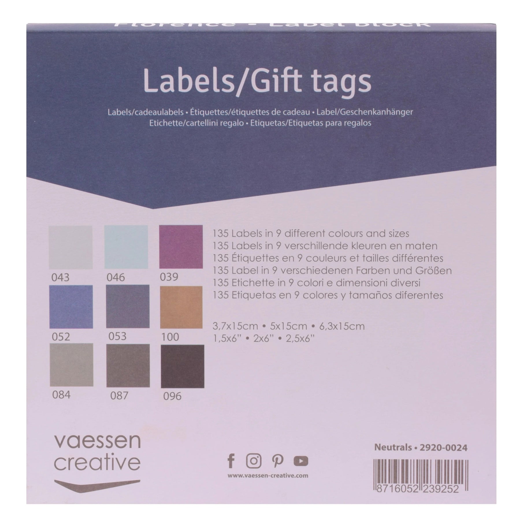 Crealive Label Block - Neutral

Spezifikationen:
•	135 Etiketten
•	216 g/m2
•	9 Farben
•	Grössen: 3.7 x 15 cm, 5 x 15 cm und 6.3 x 15 cm
•	beidseitig farbig (voll durchgefärbt)
•	beschreibbar
•	säurefrei
•	glatt mit leicht rauer Oberfläche
 
Diese Labels sind geeignet für:
•	Etiketten
•	Karten-Verzierungen
•	Plotten
•	Stanzen
•	Prägen
•	Scrapbooking
•	Journaling
•	Mixed Media
 
Dieser Label Block besteht aus stabilem Papier, das eine ideale Grundlage für Etiketten mit Handlettering, Zeichnen, Skizzieren und