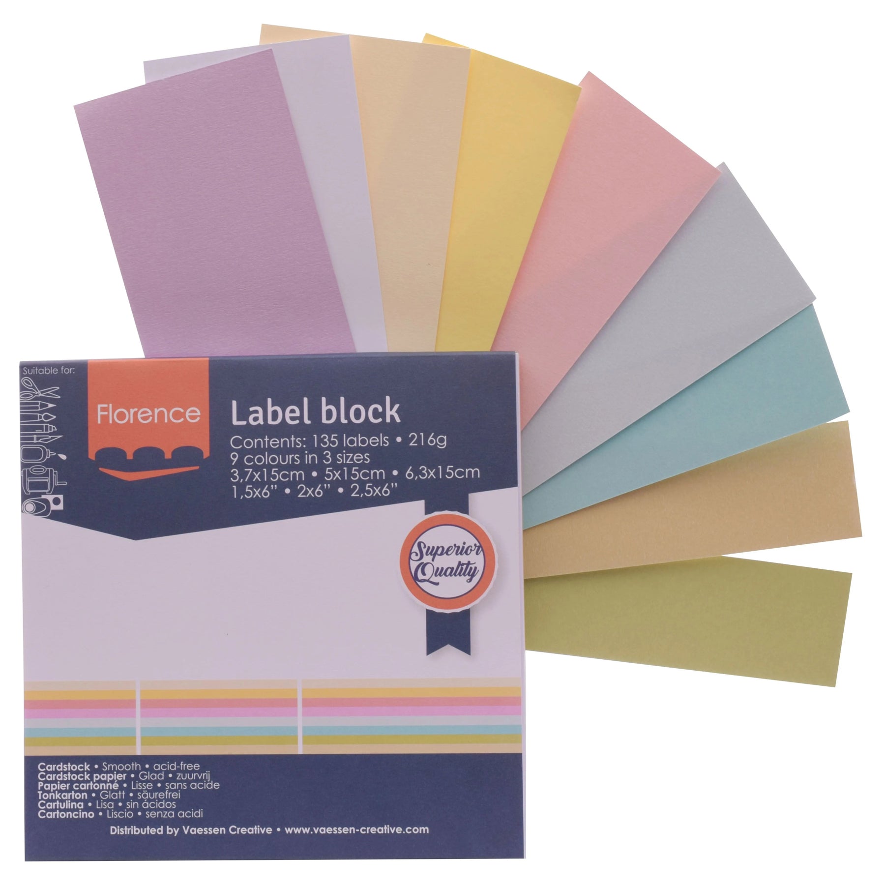 Crealive Label Block - Pastels

Spezifikationen:
•	135 Etiketten
•	216 g/m2
•	9 Farben
•	Grössen: 3.7 x 15 cm, 5 x 15 cm und 6.3 x 15 cm
•	beidseitig farbig (voll durchgefärbt)
•	beschreibbar
•	säurefrei
•	glatt mit leicht rauer Oberfläche
 
Diese Labels sind geeignet für:
•	Etiketten
•	Karten-Verzierungen
•	Plotten
•	Stanzen
•	Prägen
•	Scrapbooking
•	Journaling
•	Mixed Media
 
Dieser Label Block besteht aus stabilem Papier, das eine ideale Grundlage für Etiketten mit Handlettering, Zeichnen, Skizzieren und