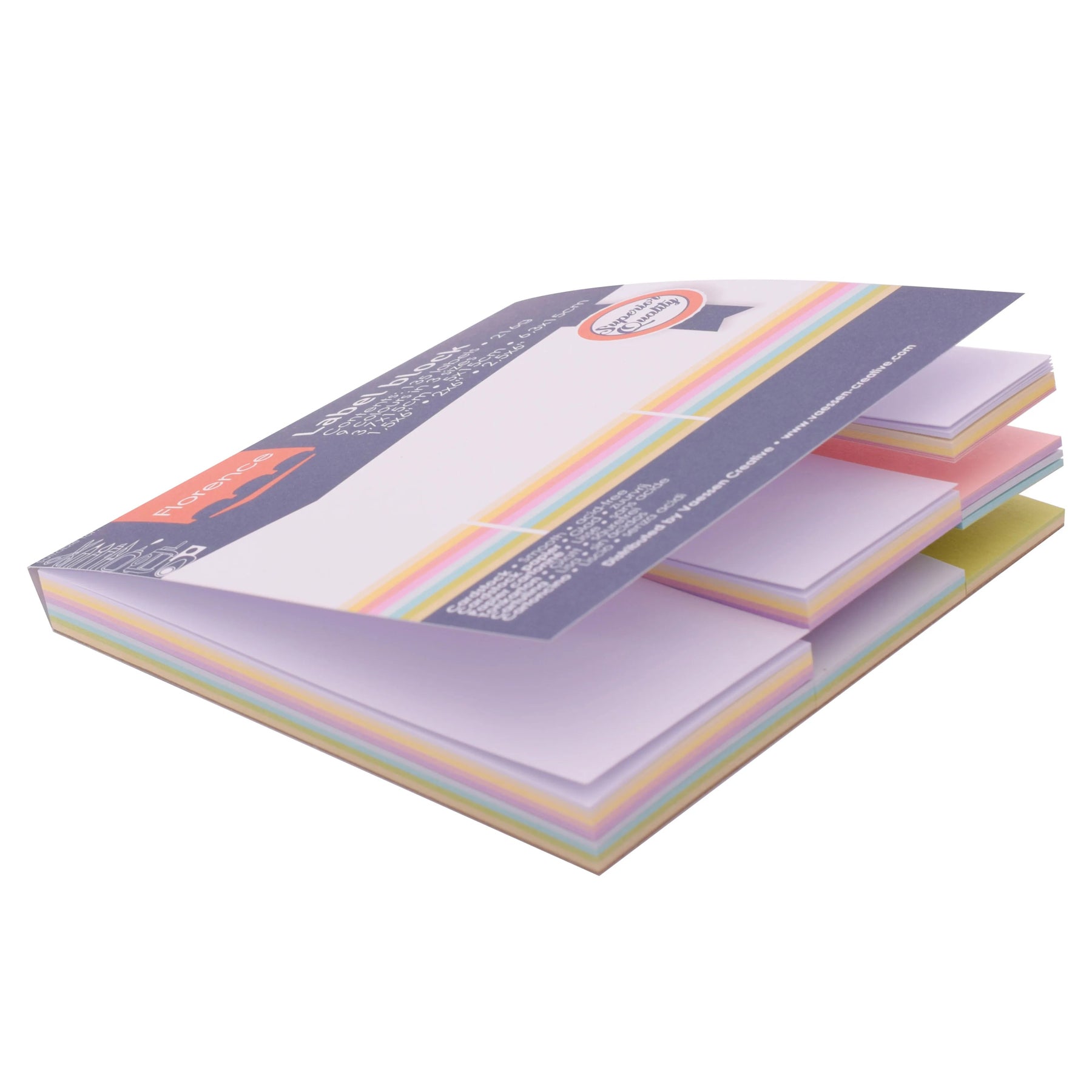 Crealive Label Block - Pastels

Spezifikationen:
•	135 Etiketten
•	216 g/m2
•	9 Farben
•	Grössen: 3.7 x 15 cm, 5 x 15 cm und 6.3 x 15 cm
•	beidseitig farbig (voll durchgefärbt)
•	beschreibbar
•	säurefrei
•	glatt mit leicht rauer Oberfläche
 
Diese Labels sind geeignet für:
•	Etiketten
•	Karten-Verzierungen
•	Plotten
•	Stanzen
•	Prägen
•	Scrapbooking
•	Journaling
•	Mixed Media
 
Dieser Label Block besteht aus stabilem Papier, das eine ideale Grundlage für Etiketten mit Handlettering, Zeichnen, Skizzieren und