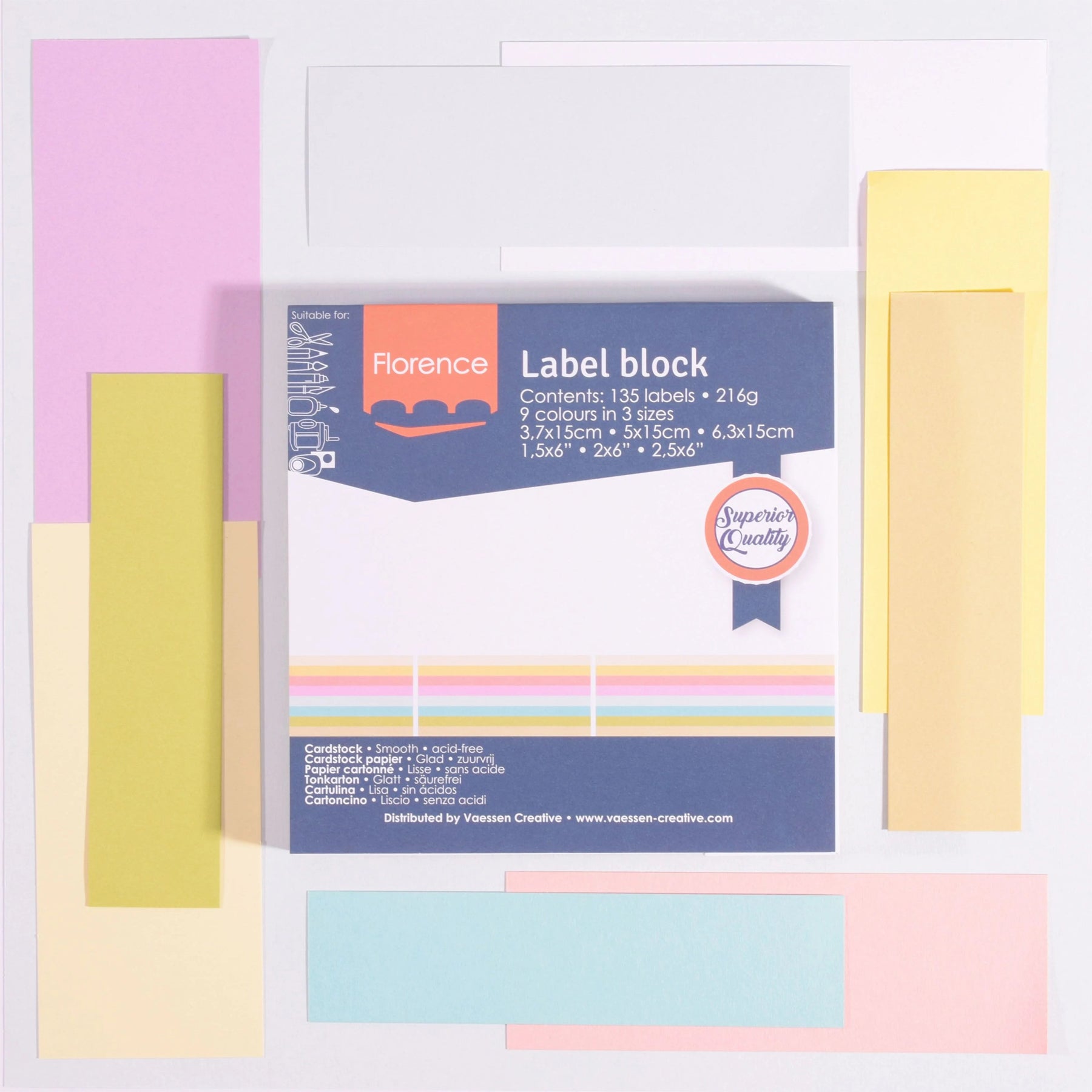 Crealive Label Block - Pastels

Spezifikationen:
•	135 Etiketten
•	216 g/m2
•	9 Farben
•	Grössen: 3.7 x 15 cm, 5 x 15 cm und 6.3 x 15 cm
•	beidseitig farbig (voll durchgefärbt)
•	beschreibbar
•	säurefrei
•	glatt mit leicht rauer Oberfläche
 
Diese Labels sind geeignet für:
•	Etiketten
•	Karten-Verzierungen
•	Plotten
•	Stanzen
•	Prägen
•	Scrapbooking
•	Journaling
•	Mixed Media
 
Dieser Label Block besteht aus stabilem Papier, das eine ideale Grundlage für Etiketten mit Handlettering, Zeichnen, Skizzieren und