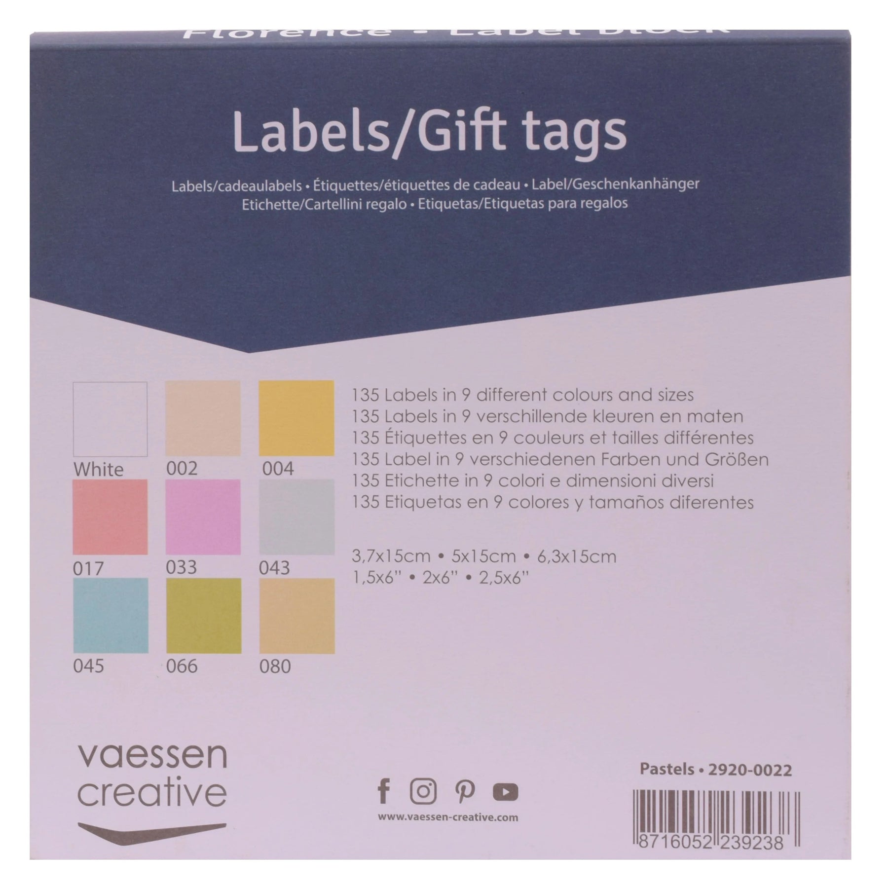 Crealive Label Block - Pastels

Spezifikationen:
•	135 Etiketten
•	216 g/m2
•	9 Farben
•	Grössen: 3.7 x 15 cm, 5 x 15 cm und 6.3 x 15 cm
•	beidseitig farbig (voll durchgefärbt)
•	beschreibbar
•	säurefrei
•	glatt mit leicht rauer Oberfläche
 
Diese Labels sind geeignet für:
•	Etiketten
•	Karten-Verzierungen
•	Plotten
•	Stanzen
•	Prägen
•	Scrapbooking
•	Journaling
•	Mixed Media
 
Dieser Label Block besteht aus stabilem Papier, das eine ideale Grundlage für Etiketten mit Handlettering, Zeichnen, Skizzieren und