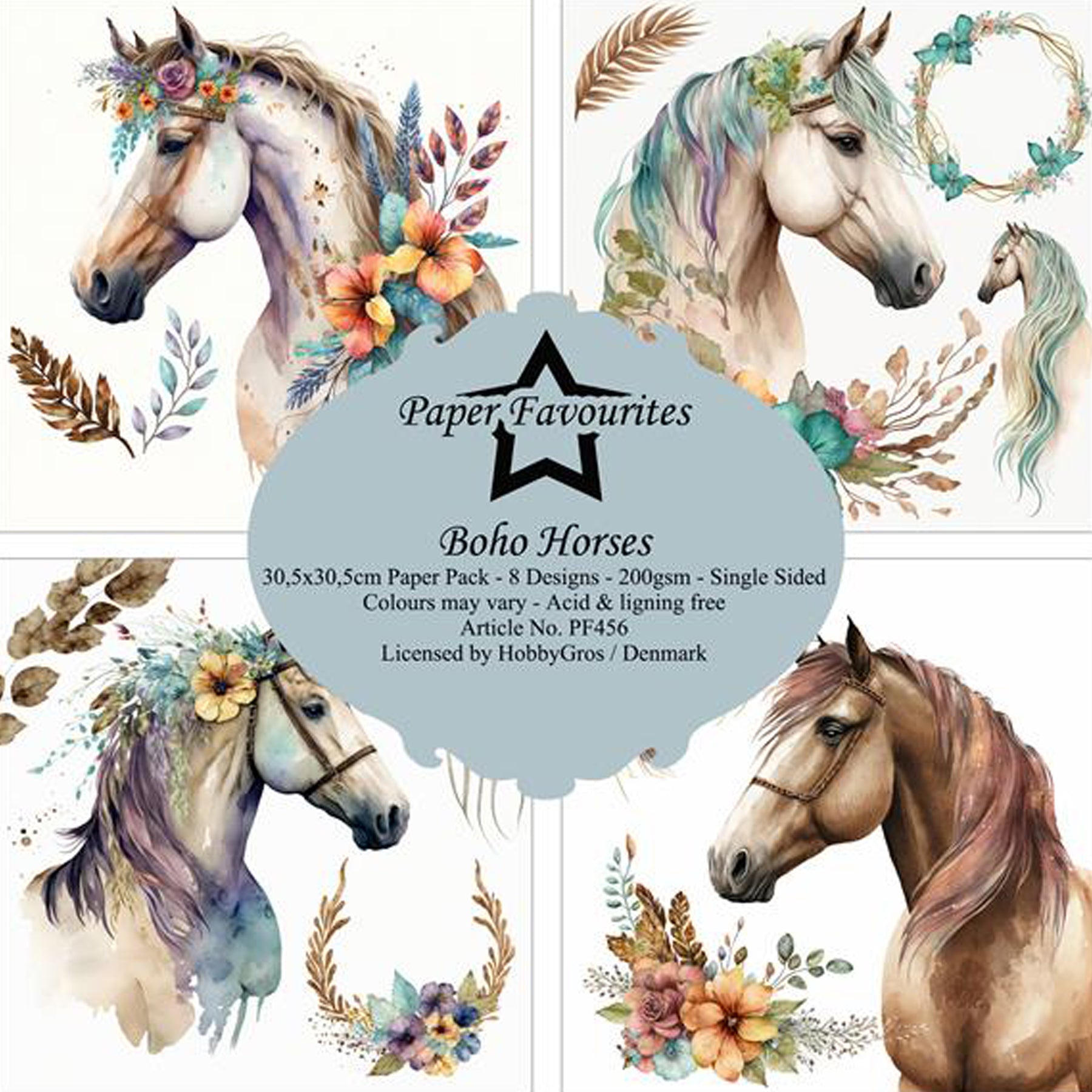 Crealive Paper Pad 200 g/m2 - 12’’ x 12’’ - Boho Horses

Inhalt:
•	8 Blatt
•	8 Designs
 
Spezifikationen:
•	12’’ x 12’’ (30.5 cm x 30.5 cm)
•	200 g/m2
•	einseitig bedruckt
•	säure- und ligninfrei
 
Dieses Paper Pad ist geeignet für:
•	Karten
•	Boxen
•	3D-Projekte
•	Geschenkboxen & Verpackungen
•	Plotten
•	Scrapbooking
•	Basteln mit Kindern
