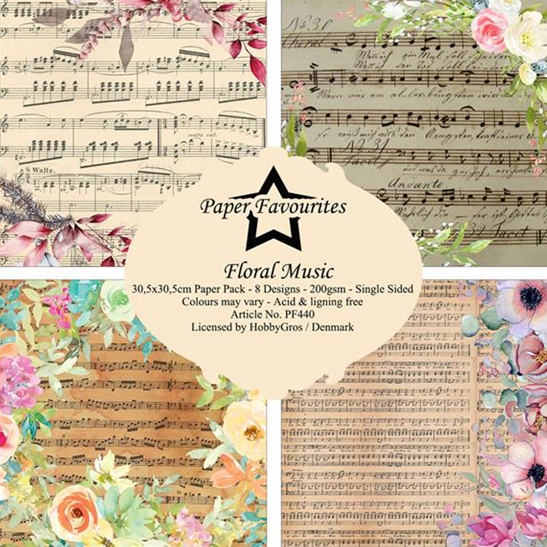 Crealive Paper Pad 200 g/m2 - 12’’ x 12’’ - Floral Music

Inhalt:
•	8 Blatt
•	8 Designs
 
Spezifikationen:
•	12’’ x 12’’ (30.5 cm x 30.5 cm)
•	200 g/m2
•	einseitig bedruckt
•	säure- und ligninfrei
 
Dieses Paper Pad ist geeignet für:
•	Karten
•	Boxen
•	3D-Projekte
•	Geschenkboxen & Verpackungen
•	Plotten
•	Scrapbooking
•	Basteln mit Kindern
