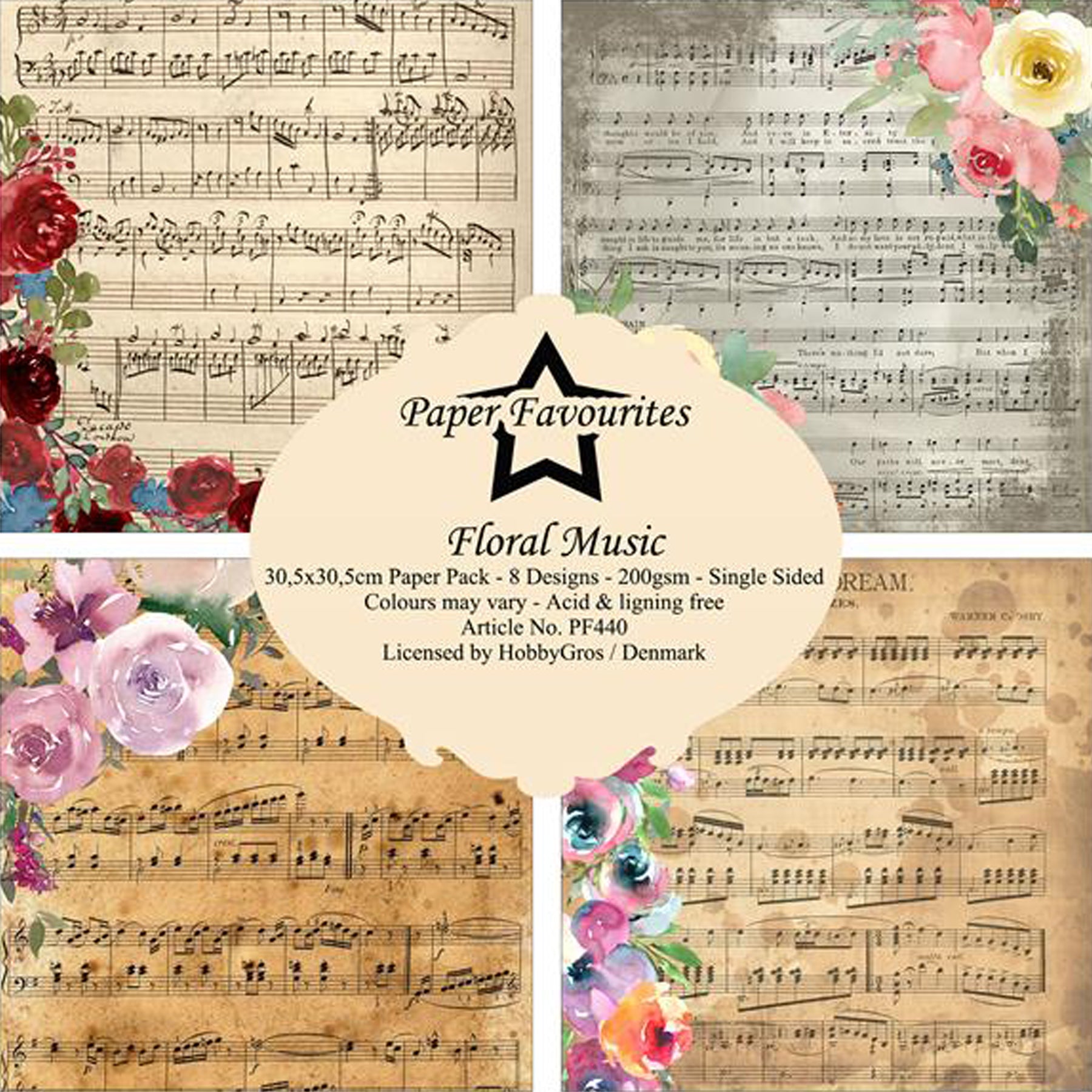 Crealive Paper Pad 200 g/m2 - 12’’ x 12’’ - Floral Music

Inhalt:
•	8 Blatt
•	8 Designs
 
Spezifikationen:
•	12’’ x 12’’ (30.5 cm x 30.5 cm)
•	200 g/m2
•	einseitig bedruckt
•	säure- und ligninfrei
 
Dieses Paper Pad ist geeignet für:
•	Karten
•	Boxen
•	3D-Projekte
•	Geschenkboxen & Verpackungen
•	Plotten
•	Scrapbooking
•	Basteln mit Kindern
