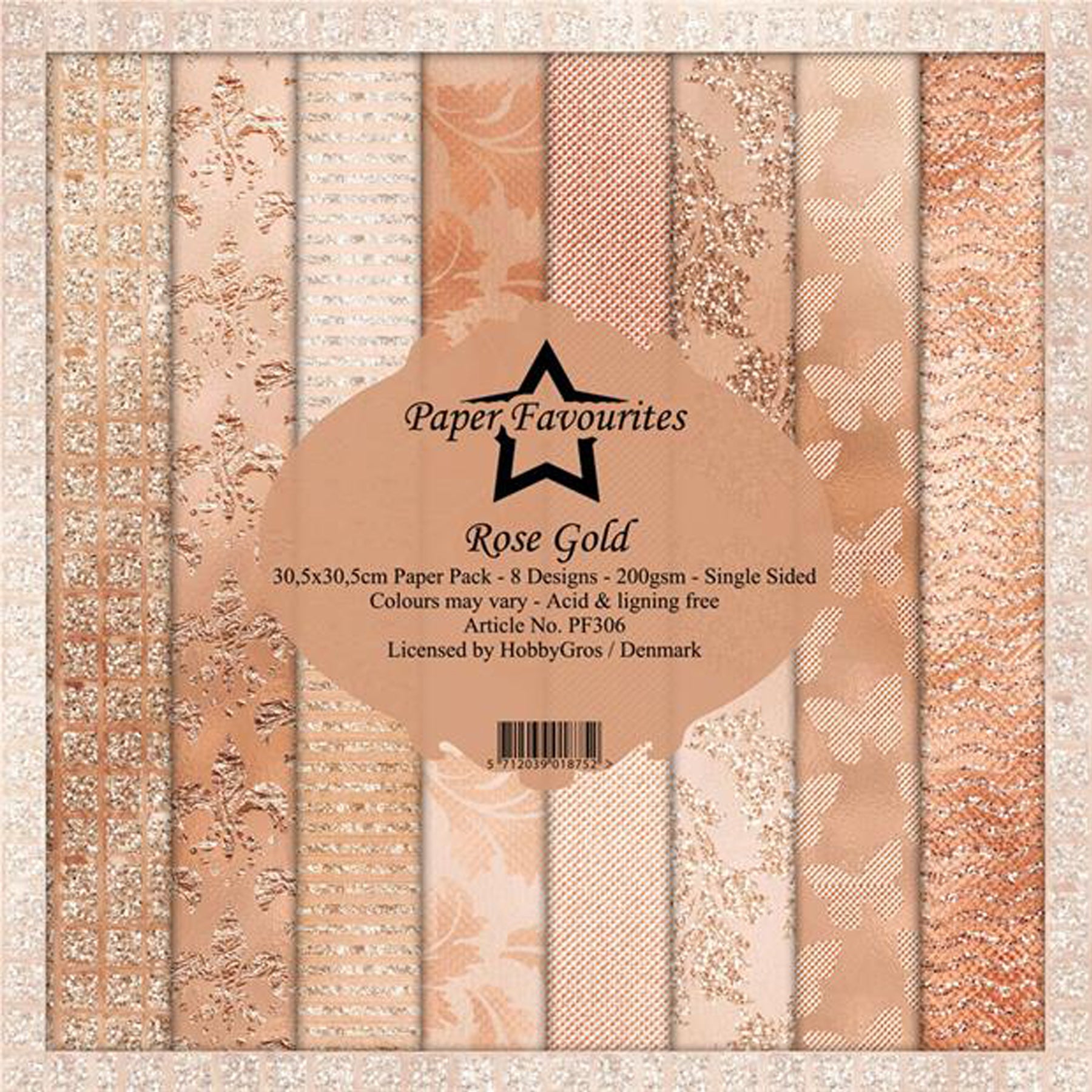 Crealive Paper Pad 200 g/m2 - 12’’ x 12’’ - Rose Gold
Inhalt:
•	8 Blatt
•	8 Designs
 
Spezifikationen:
•	12’’ x 12’’ (30.5 cm x 30.5 cm)
•	200 g/m2
•	einseitig bedruckt
•	säure- und ligninfrei
 
Dieses Paper Pad ist geeignet für:
•	Karten
•	Boxen
•	3D-Projekte
•	Geschenkboxen & Verpackungen
•	Plotten
•	Scrapbooking
•	Basteln mit Kindern
