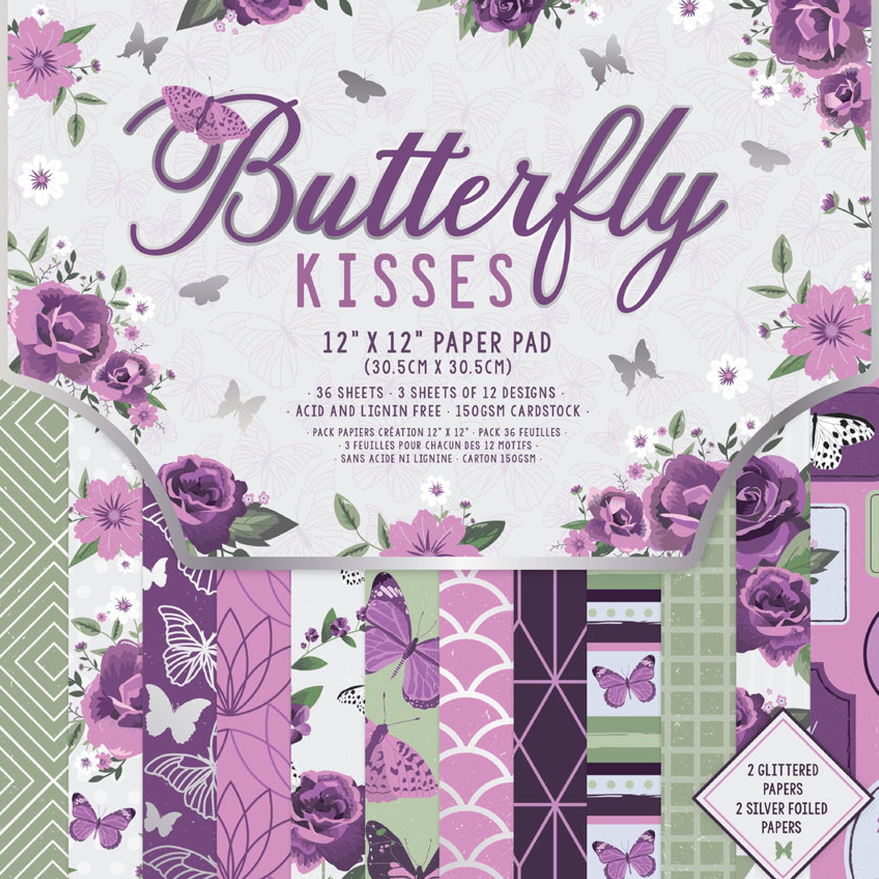 Crealive Designpapier 150 g/m2 - 12’’ x 12’’ - Butterfly Kisses
 
Inhalt:
•	36 Bltter
•	12 Designs
 
Spezifikationen:
•	12’’ x 12’’ (30.5 cm x 30.5 cm)
•	150 g/m2
•	12 Designs
•	lignin- und säurefrei
•	2 Glitzerpapiere
•	2 Papiere mit Silber foliert 

Dieses Paper Pad / Designpapier ist geeignet für:
•	Karten-Verzierungen
•	Verzierungen von Geschenkboxen & Verpackungen
•	Plotten
•	Scrapbooking
•	Mixed Media
•	Journaling
