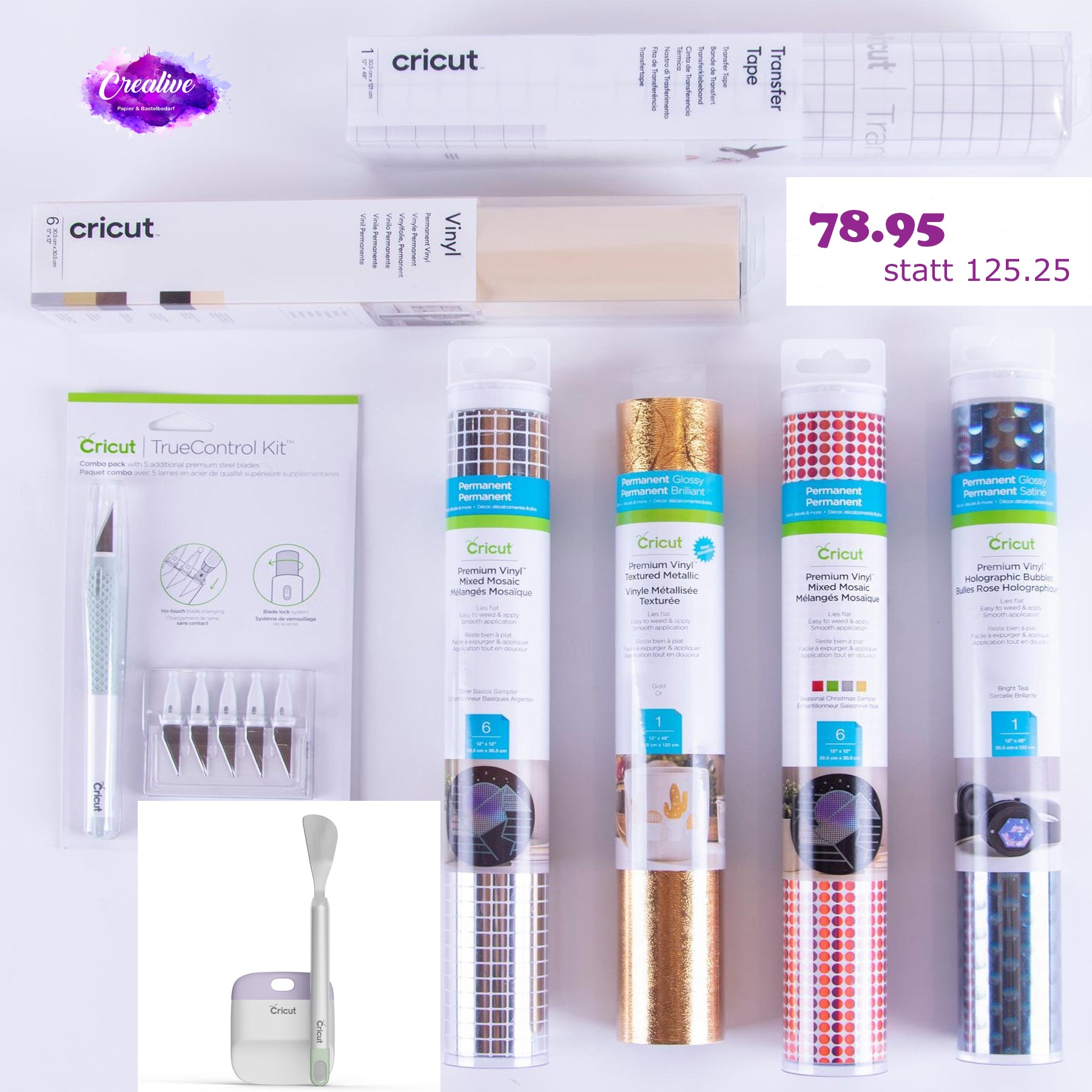 Crealive Crealive Cricut Vinyl Starter Kit  Mit diesem Cricut Vinyl Starter Kit hast Du eine tolle Basis für den Start mit Vinylfolien. Insgesamt 21 Vinylfolien, Übertragungsfolie, das TrueControl Messer Kit mit Ersatzklingen und ein Werkzeugset mit Spatel und Rakel.