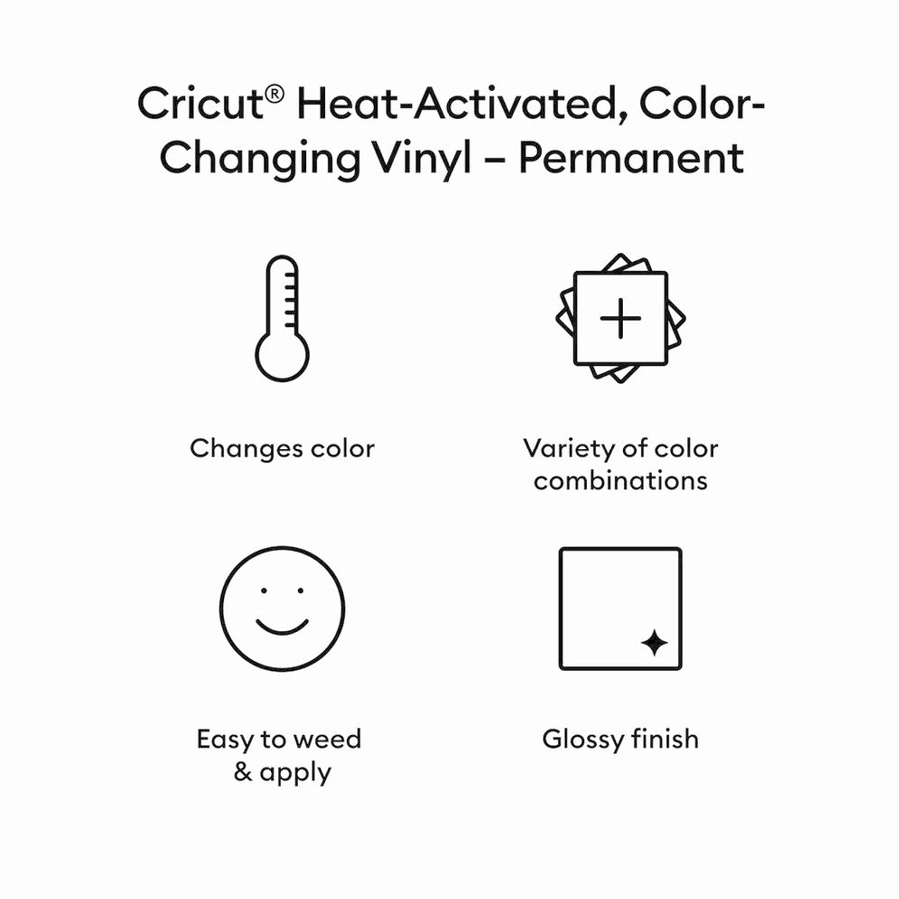 Crealive Cricut Farbwechsel Vinylfolie - Hitzeaktiviert / Color-Changing Vinyl Permanent Heat-Activate

Inhalt:
•	1 Rolle Farbwechsel Vinylfolie - Hitzeaktiviert - 30,5 cm x 61 cm (12" x 24")
 
Spezifikationen:
•	Cricut Vinylfolie
•	Permanent klebend
•	Grösse: 30,5 cm x 61 cm (12" x 24")
•	Farbveränderung ab 31°C
•	folgende Farben stehen zur Auswahl:
o	Türkis zu Hellblau 
o	Violett zu Türkis
o	Pink zu Rosa
•	einfach zu entgittern und mühelos aufzutragen
•	für alle Cricut® Maschinen (für Cricut Joy auf die e