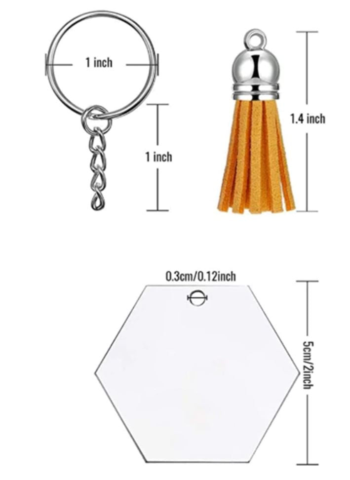 Acrylscheibe für Schlüsselanhänger - Hexagon     Inhalt:  1 Acrylscheibe Hexagon Schlüsselanhänger Öse 1 Quaste    Spezifikationen:  Hexagon 5 cm Stärke: 2 mm Quasten: 42 Farben