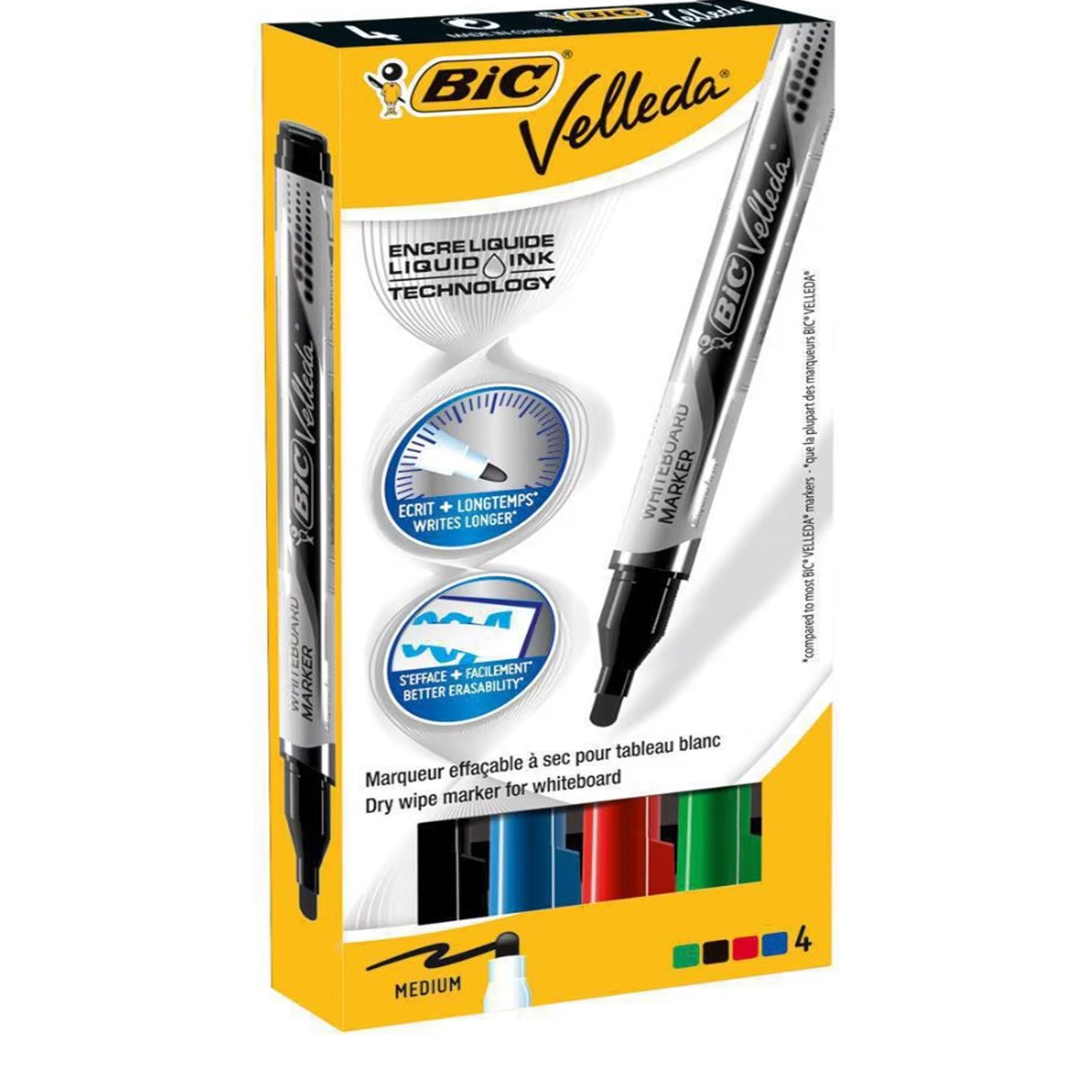 Crealive BIC Whiteboard-Marker Velleda - 4 Stück     Inhalt:  4 BIC Whiteboard-Marker    Spezifikationen:  Ovale Spitze Strichbreite: 1.4 mm Farben:  Grün, Rot, Blau & Schwarz trocken und leicht abwischbar auf deinem Whiteboard    Die Whiteboard Marker sind für folgende Oberflächen geeignet:  Whiteboard ASLAN Whiteboard Folie 