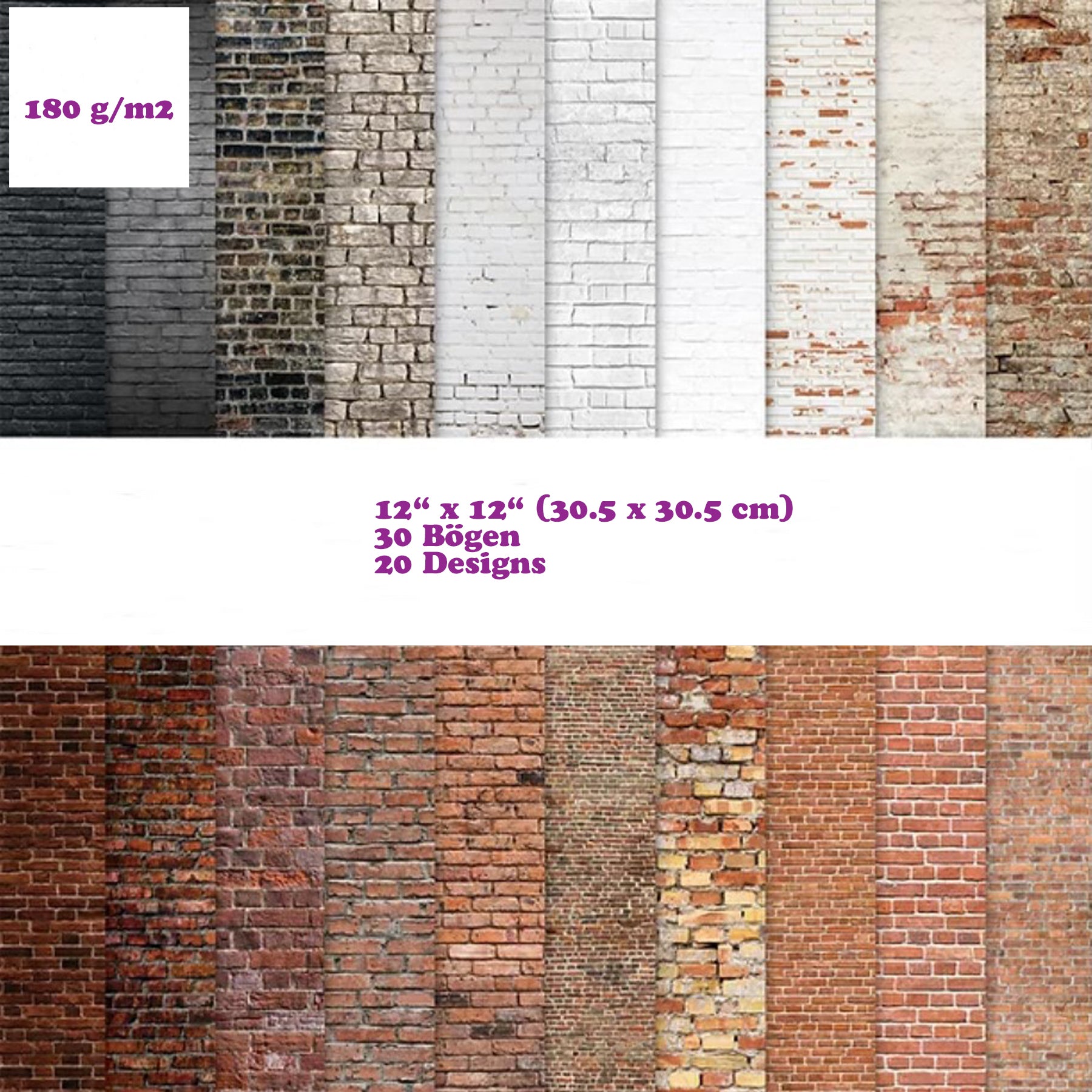 Premium Paper Pad 180 g/m2 - 12’’ x 12’’ - Brick Textures  Inhalt:  30 Bogen 20 Designs beidseitig bedruckt    Dieses Paper Pad / Designpapier ist geeignet für:  Karten Karten-Verzierungen Kuverts Geschenkboxen & Verpackungen Plotten Scrapbooking