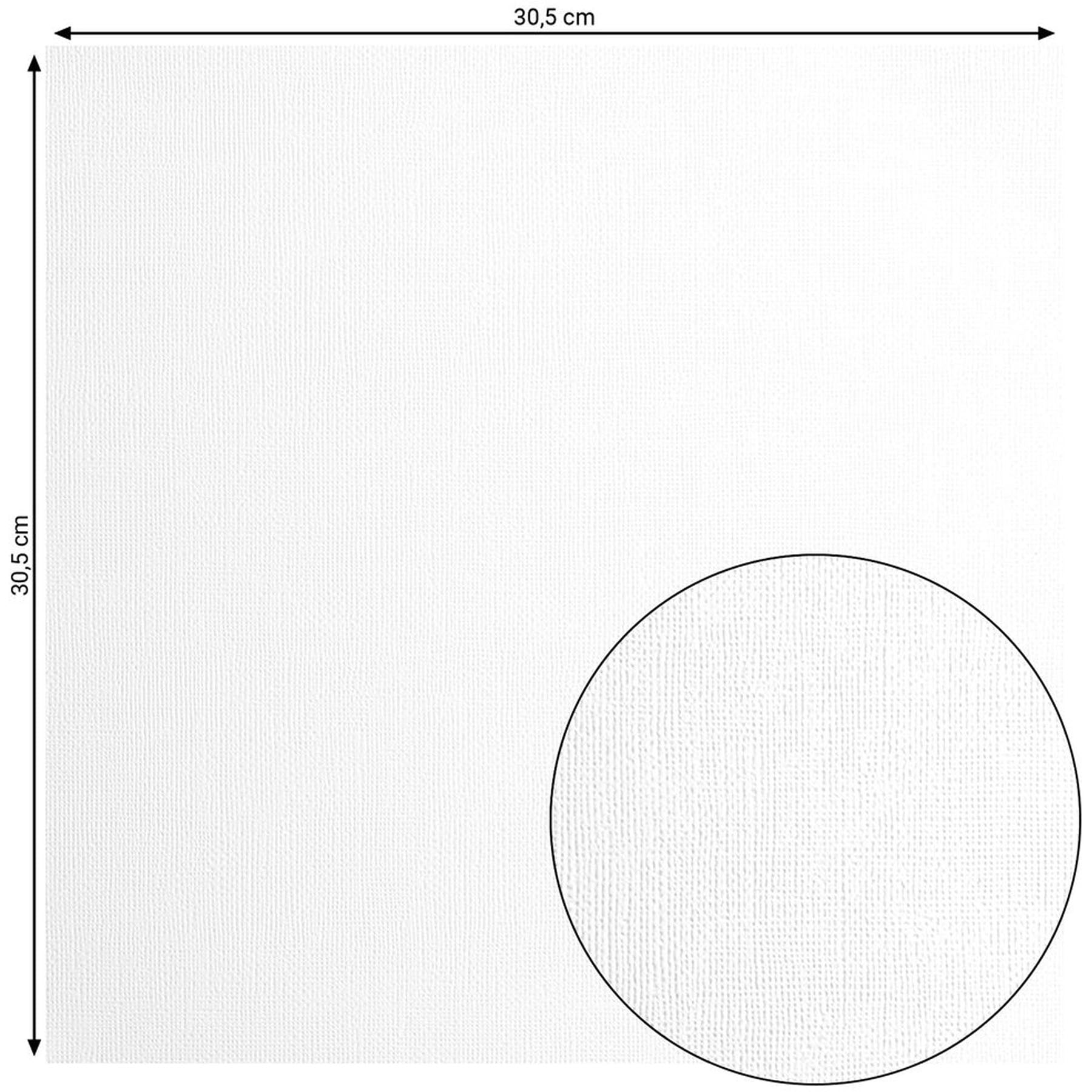 Crealive Cardstock Basic 216 g/m2 - 12’’ x 12’’ - White Texture  Spezifikationen:  12’’ x 12’’ (30.5 cm x 30.5 cm) 216 g/m2 beidseitig farbig (voll durchgefärbt) beschreibbar säurefrei glattes Papier mit strukturierter Oberfläche    Dieses Cardstock / Bastelpapier ist geeignet für:  Karten Karten-Verzierungen Plotten Stanzen Prägen Geschenkboxen Bastelpapier für die Schule oder Kindergarten Scrapbooking