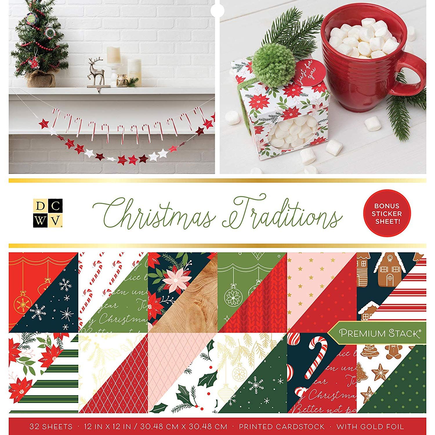 Designpapier 170 g/m2 - 12’’ x 12’’ - Christmas Tradition  Inhalt:  32 Bogen 24 Designs Sticker    Spezifikationen:  12’’ x 12’’ (30.5 cm x 30.5 cm) ca. 170 g/m2 beidseitig bedruckt vereinzelt mit Glitzer lässt sich gut schneiden säurefrei   Dieses Designpapier / Motivpapier ist geeignet für:  Karten Karten-Verzierungen Plotten Stanzen Prägen Scrapbooking