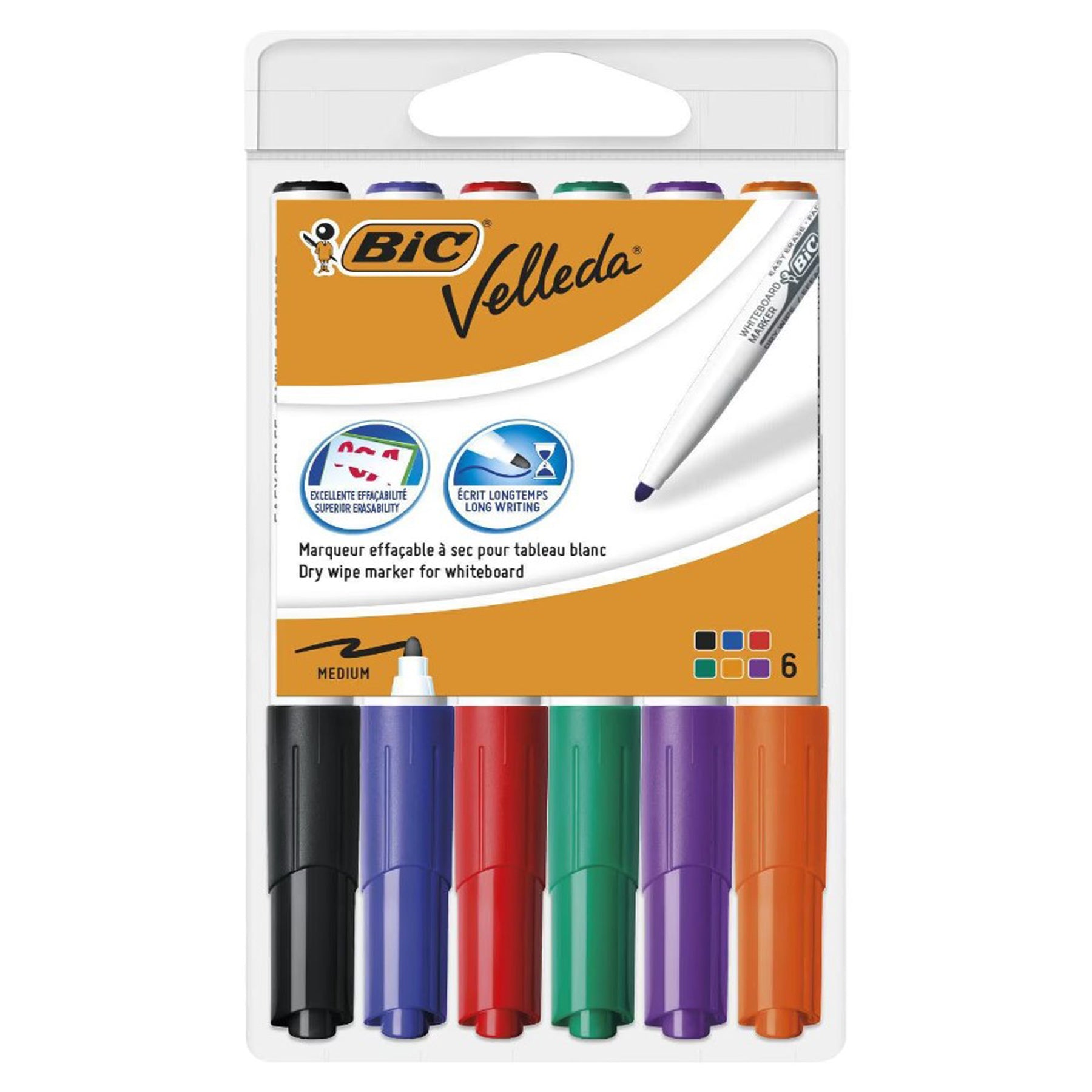 Crealive BIC Whiteboard-Marker Velleda - 6 Stück     Inhalt:  6 BIC Whiteboard-Marker    Spezifikationen:  Ovale Spitze Strichbreite: 1.4 mm Farben:  Grün, Rot, Blau, Schwarz, Orange & Violett trocken und leicht abwischbar auf deinem Whiteboard    Die Whiteboard Marker sind für folgende Oberflächen geeignet:  Whiteboard ASLAN Whiteboard Folie 