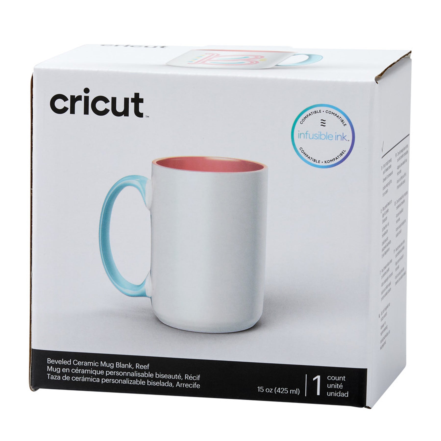 Crealive Cricut Keramiktasse 425 ml - Reef - 1 Stück  Gestalte lebendige, professionelle & personalisierte Tassen. Im Design Space erstellst Du mit Hilfe der kostenlosen Tassen-Vorlage Dein Design, so dass Du es korrekt platzieren kannst auf der Tasse. Danach lässt Du den Schneideplotter Dein Design entweder aus den Infusible Ink Transferbögen schneiden oder lässt es Zeichnen mit den Infusible Ink Stiften. Die Tassenpresse übernimmt dann die restliche Arbeit für Dich und bringt Dein Design auf die Tasse. 