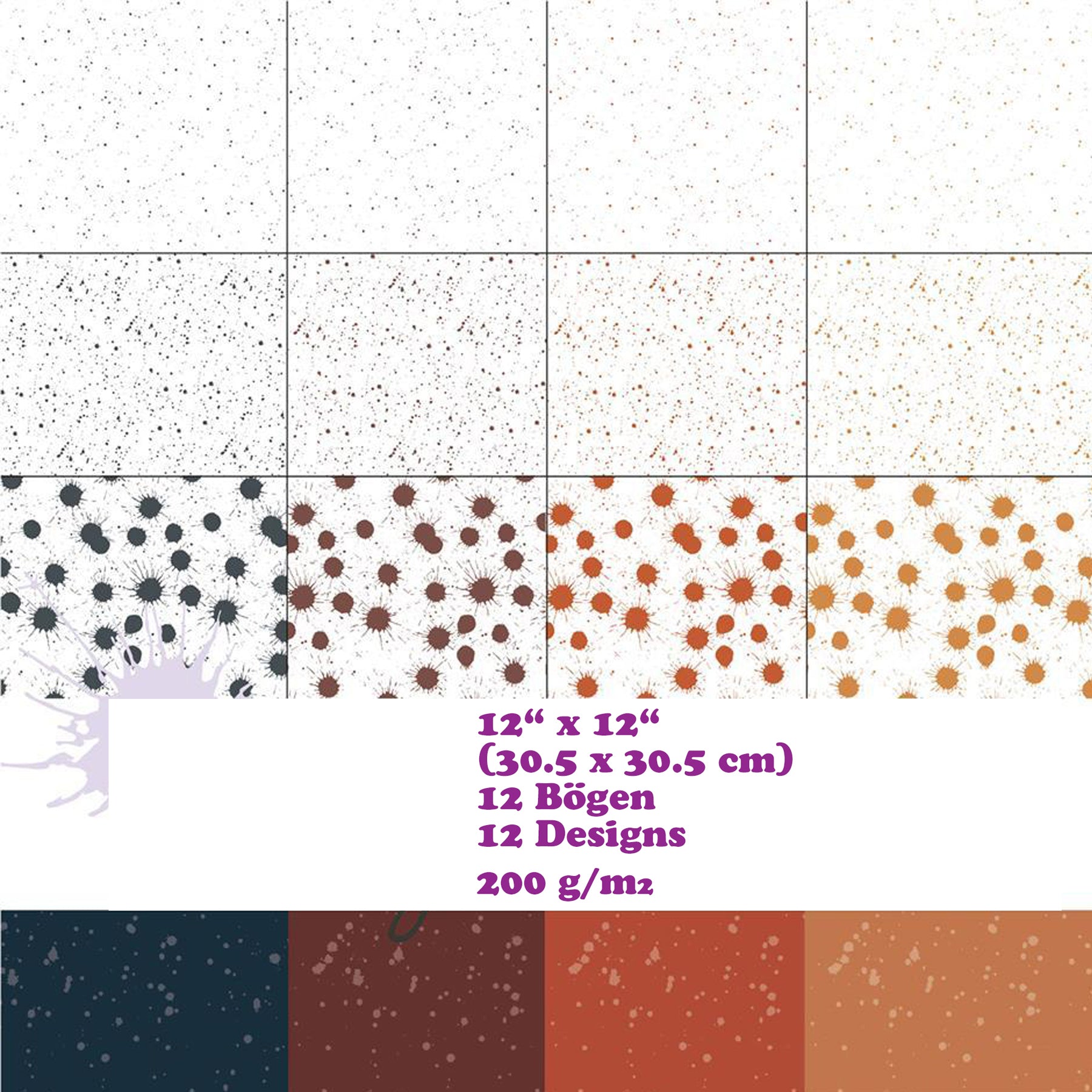 Crealive Paper Pad 200 g/m2 - 12’’ x 12’’ - Splash Fall     Inhalt:  12 Blatt 12 Designs    Spezifikationen:  12’’ x 12’’ (30.5 cm x 30.5 cm) 200 g/m2 beidseitig bedruckt säure- und ligninfrei    Dieses Paper Pad ist geeignet für:  Karten Boxen 3D-Projekte Geschenkboxen & Verpackungen Plotten Scrapbooking