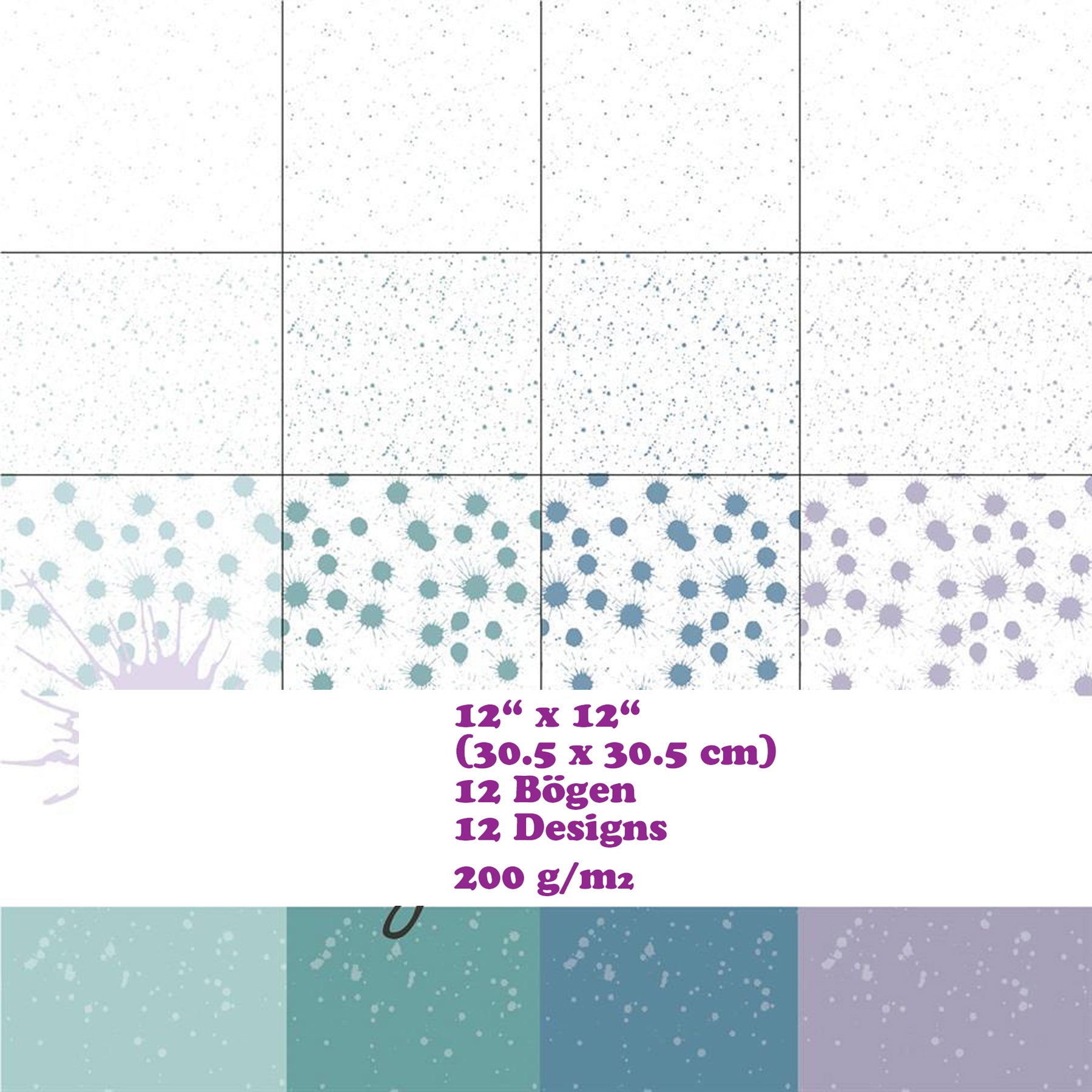 Crealive Paper Pad 200 g/m2 - 12’’ x 12’’ - Splash Mint     Inhalt:  12 Blatt 12 Designs       Spezifikationen:  12’’ x 12’’ (30.5 cm x 30.5 cm) 200 g/m2 beidseitig bedruckt säure- und ligninfrei    Dieses Paper Pad ist geeignet für:  Karten Boxen 3D-Projekte Geschenkboxen & Verpackungen Plotten Scrapbooking