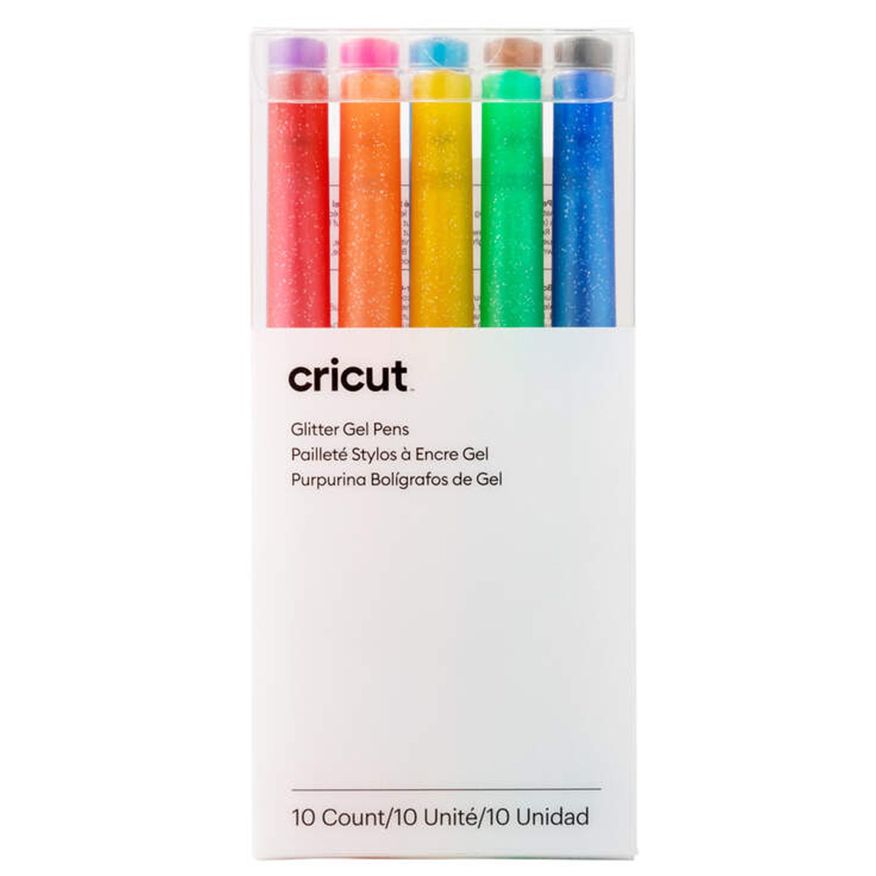 Crealive Cricut Glitzer Gel Zeichenstifte 0.8 - Regenbogen / Glitter Gel Pen Set     Inhalt:  10 Glitzer Gel Stifte    Spezifikationen:  0.8 (mittlere Spitze) Farben:  Rot, Orange, Gelb, Grün, Blau, Violett, Pink, Hellblau, Braun & Schwarz wasserbasiert säurefrei ungiftig entspricht ASTM D-4236   Anleitung:  Design auswählen Stift in die Halterung (A) Loslegen