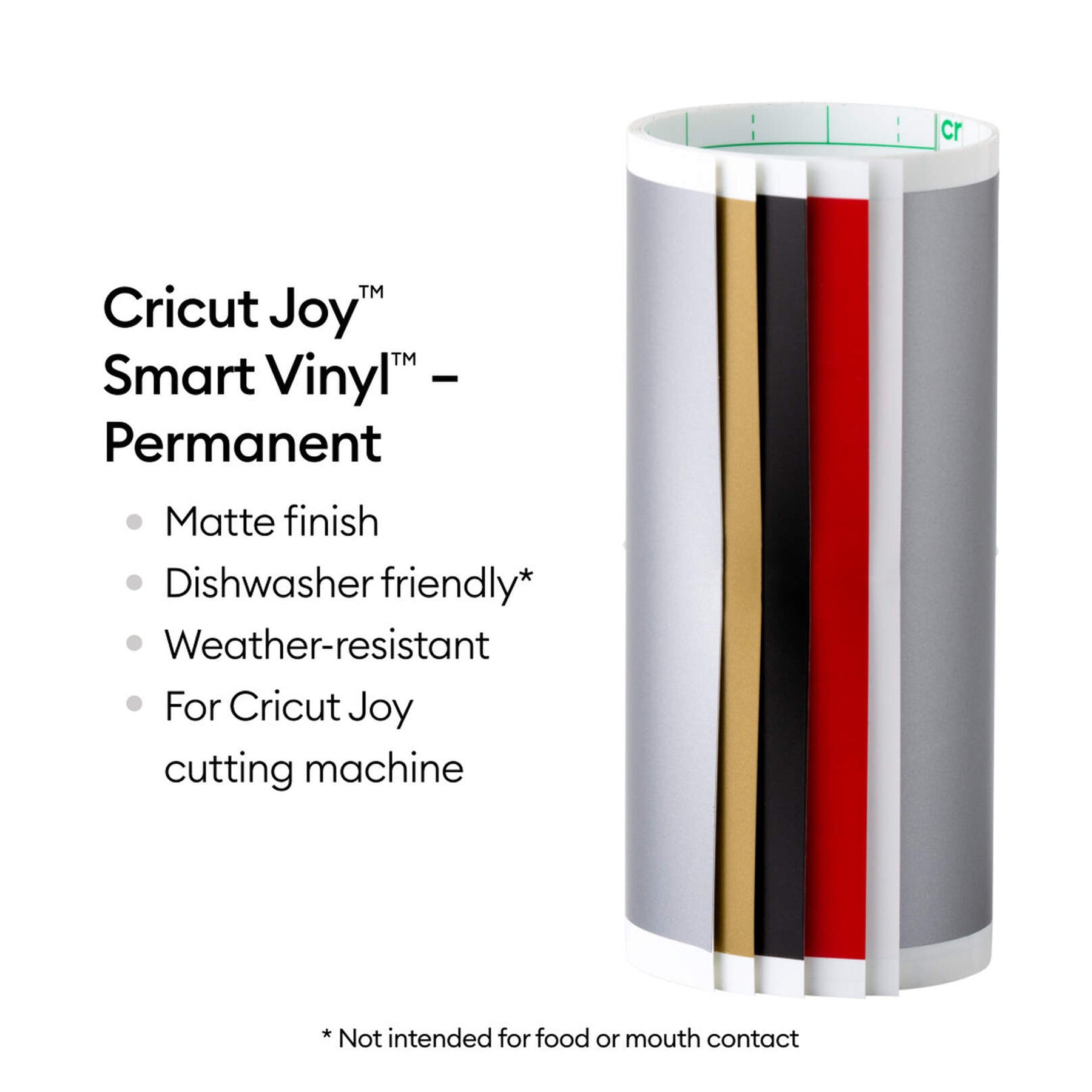 Crealive Cricut Joy Smart Vinylfolie Permanent - Silber   Die Smart Vinylfolie von Cricut funktioniert ohne Schneidematte. Du kannst sie also einfach in die Joy einlegen & loslegen. Sie lässt sich leicht Entgittern und mühelos übertragen.     Inhalt:  5 Blätter Cricut Joy Smart Vinyl    Spezifikationen:  Cricut Joy Smart Vinyl Farben: Weiss, Rot, Schwarz, Gold & Silber selbstklebend permanent; hält bis zu 3 Jahren Grösse: je 13.9 x 30.4 cm wasser- und licht-beständig