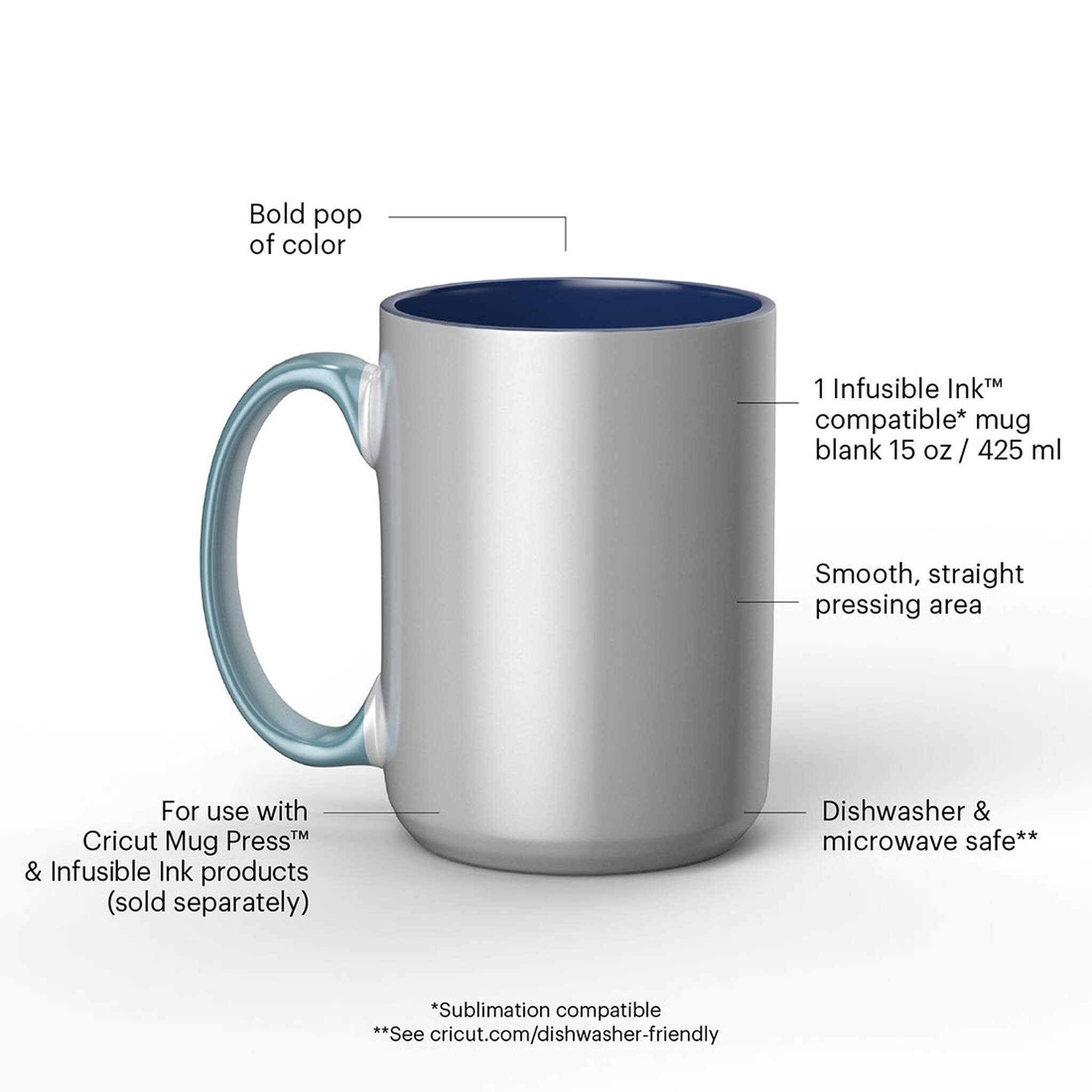 Crealive Cricut Keramiktasse 425 ml Ocean, 1 Stück  Gestalte lebendige, professionelle & personalisierte Tassen. Im Design Space erstellst Du mit Hilfe der kostenlosen Tassen-Vorlage Dein Design, so dass Du es korrekt platzieren kannst auf der Tasse. Danach lässt Du den Schneideplotter Dein Design entweder aus den Infusible Ink Transferbögen schneiden oder lässt es Zeichnen mit den Infusible Ink Stiften.  1 Cricut Keramiktassenrohling zweifarbig Farbe: Ocean