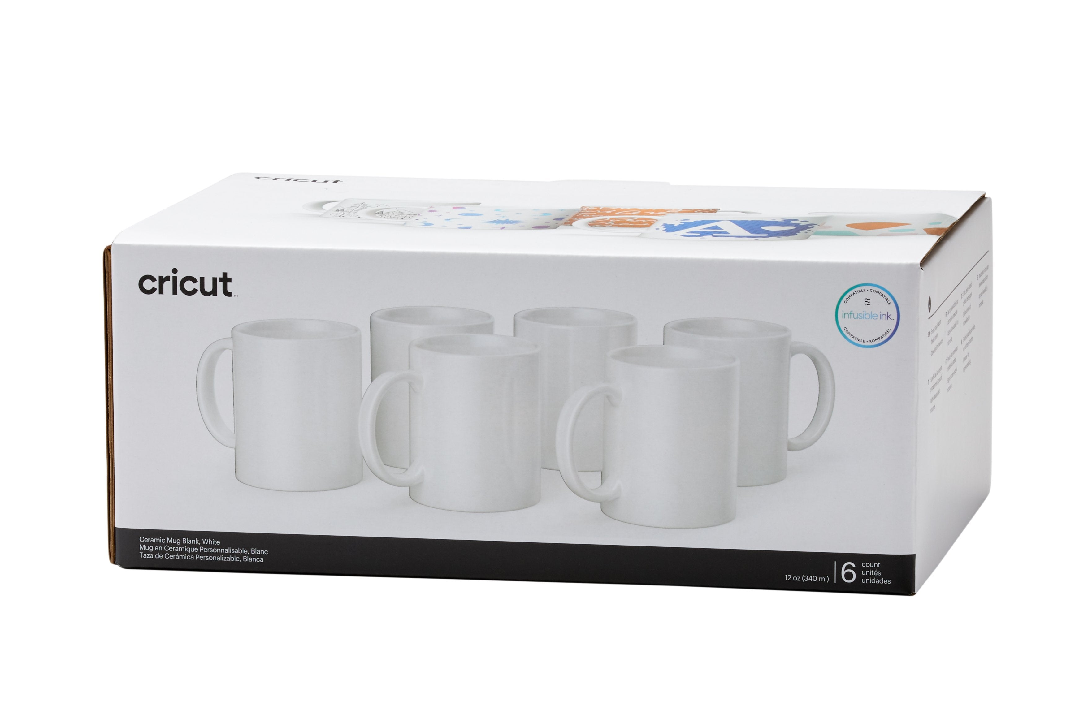 Cricut Keramiktasse 340 ml weiss, 6 Stück   Gestalte lebendige, professionelle & personalisierte Tassen. Im Design Space erstellst Du mit Hilfe der kostenlosen Tassen-Vorlage Dein Design, so dass Du es korrekt platzieren kannst auf der Tasse. Danach lässt Du den Schneideplotter Dein Design entweder aus den Infusible Ink Transferbögen schneiden oder lässt es Zeichnen mit den Infusible Ink Stiften. Die Tassenpresse übernimmt dann die restliche Arbeit für Dich und bringt Dein Design auf die Tasse