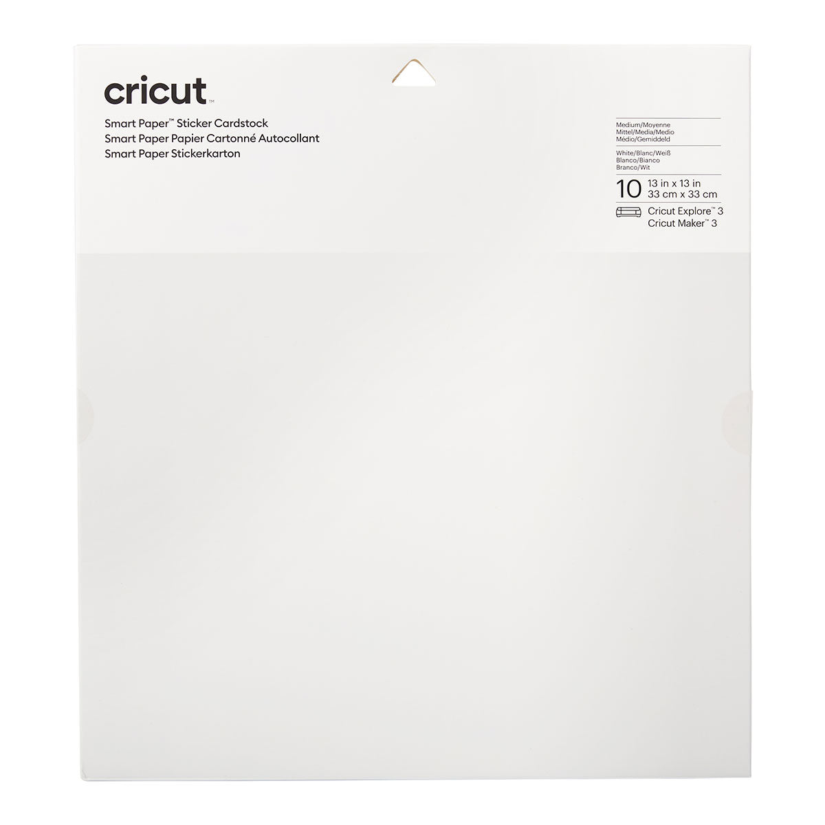 Cricut Smart Stickerpapier Cardstock - 33 cm x 33 cm - Weiss   Selbstklebendes Papier von Cricut. Das Set enthält insgesamt 10 Blätter in der Grösse 33 cm x 33 cm (13" x 13").      Inhalt:  10 Blätter 210 g/m2 Farbe: Weiss    Cricut Smart Sticker ist geeignet für:  Scrapbooking-Seiten Karten Einladungen Dekorationen wie Banner & attraktive Poster Papierprojekte    Anleitung:  Schneiden (ohne Schneidematte für Maker 3 & Explore 3) Abziehen Kleben