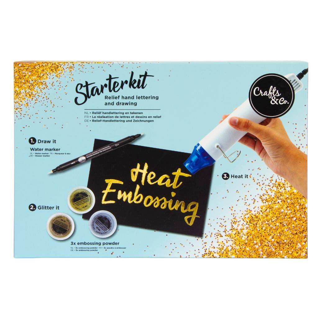 Embossing Starter Kit - Schreiben… Streuen… und Erhitzen!  In drei einfachen Schritten erreichst Du die schönsten Prägeeffekte auf Papier, Karton, Holz oder sogar Glas. Von der Handbeschriftung bis zur Prägung und von der selbstgemachten Karte bis zur Dekoration für das Zuhause sind die Möglichkeiten grenzenlos.