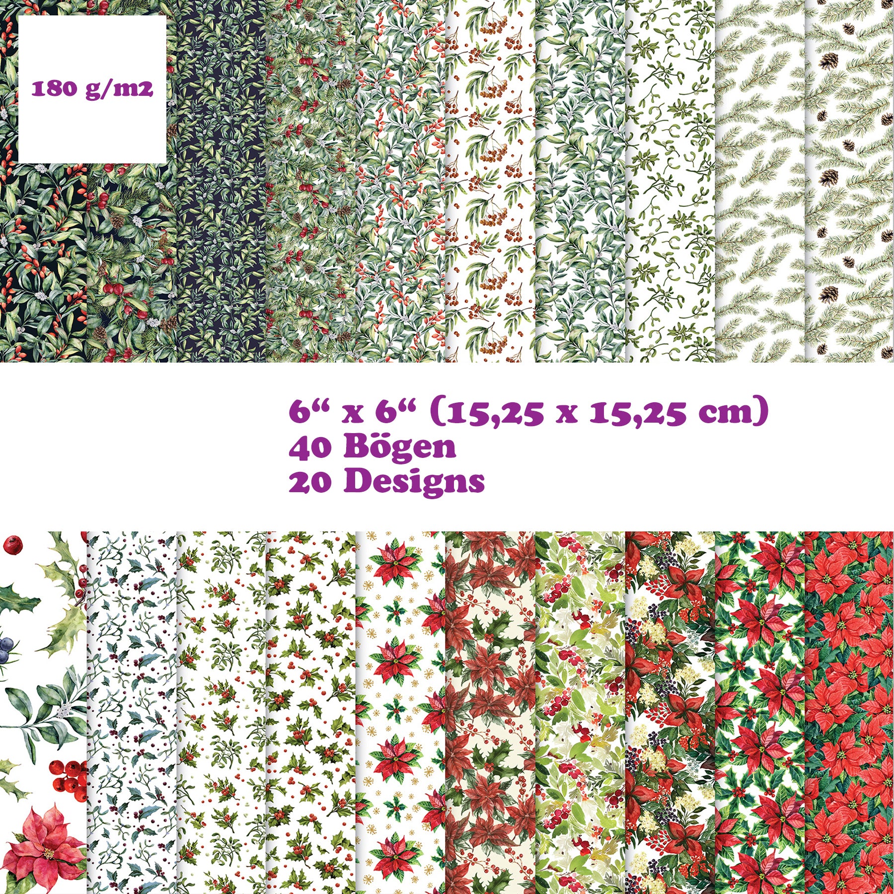 Crealive Premium Paper Pad 180 g/m2 - 6’’ x 6’’ - Festive Flora  Inhalt:  40 Bogen 20 Designs beidseitig bedruckt    Spezifikationen:  6’’ x 6’’ (15.25 cm x 15.25 cm) 180 g/m2 beidseitig bedruckt säure- und ligninfrei lässt sich super schneiden    Dieses Paper Pad / Designpapier ist geeignet für:  Karten-Verzierungen Verpackungs-Dekoration Plotten Scrapbooking